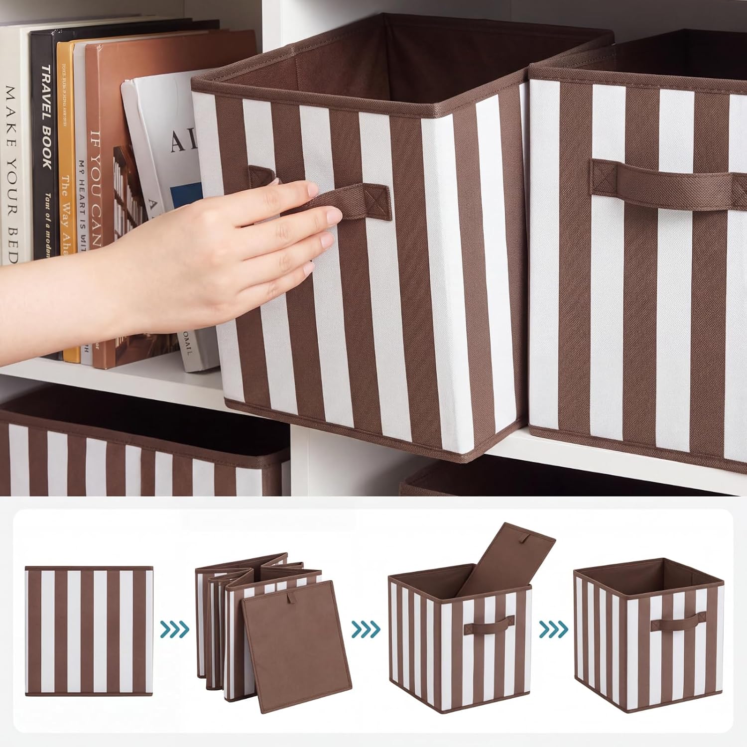 Caramel-Colored Striped Fabric Storage Bins with Handles – For Cube Shelving (6-Piece Set) - Image 2