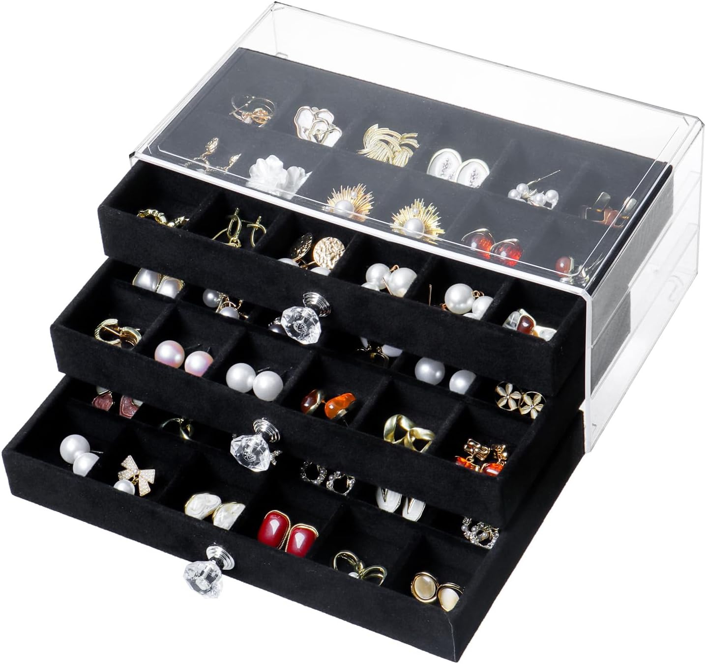 Three-Tier Black Jewelry Display Box for Earrings and Rings