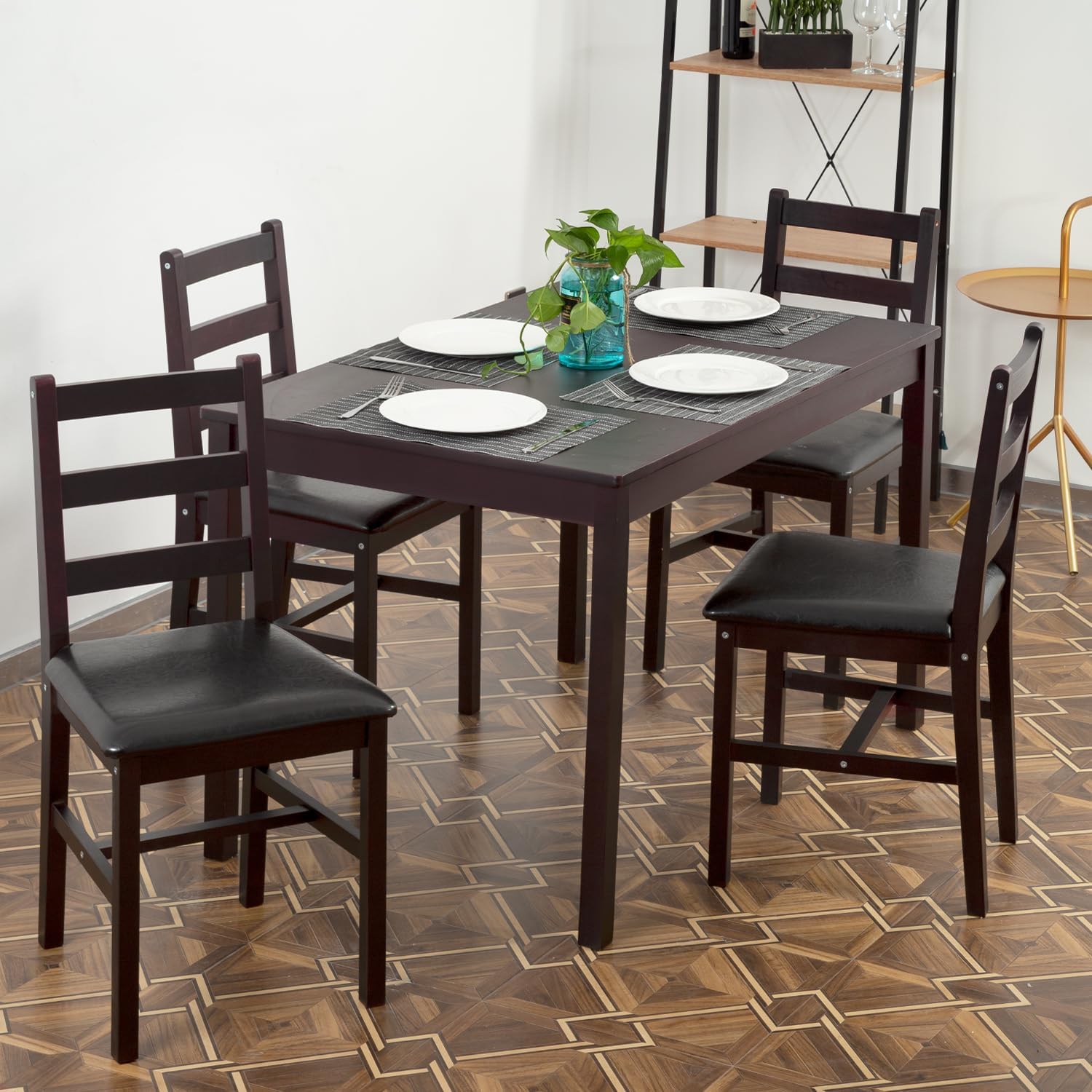 5-Piece Solid Wood Dining Table Set for 4 | Brown | Pine Kitchen Table with Upholstered Chairs | Space-Saving Design | Smooth Easy-to-Clean Surface | for Dining Room, Apartment, Restaurant - Image 8