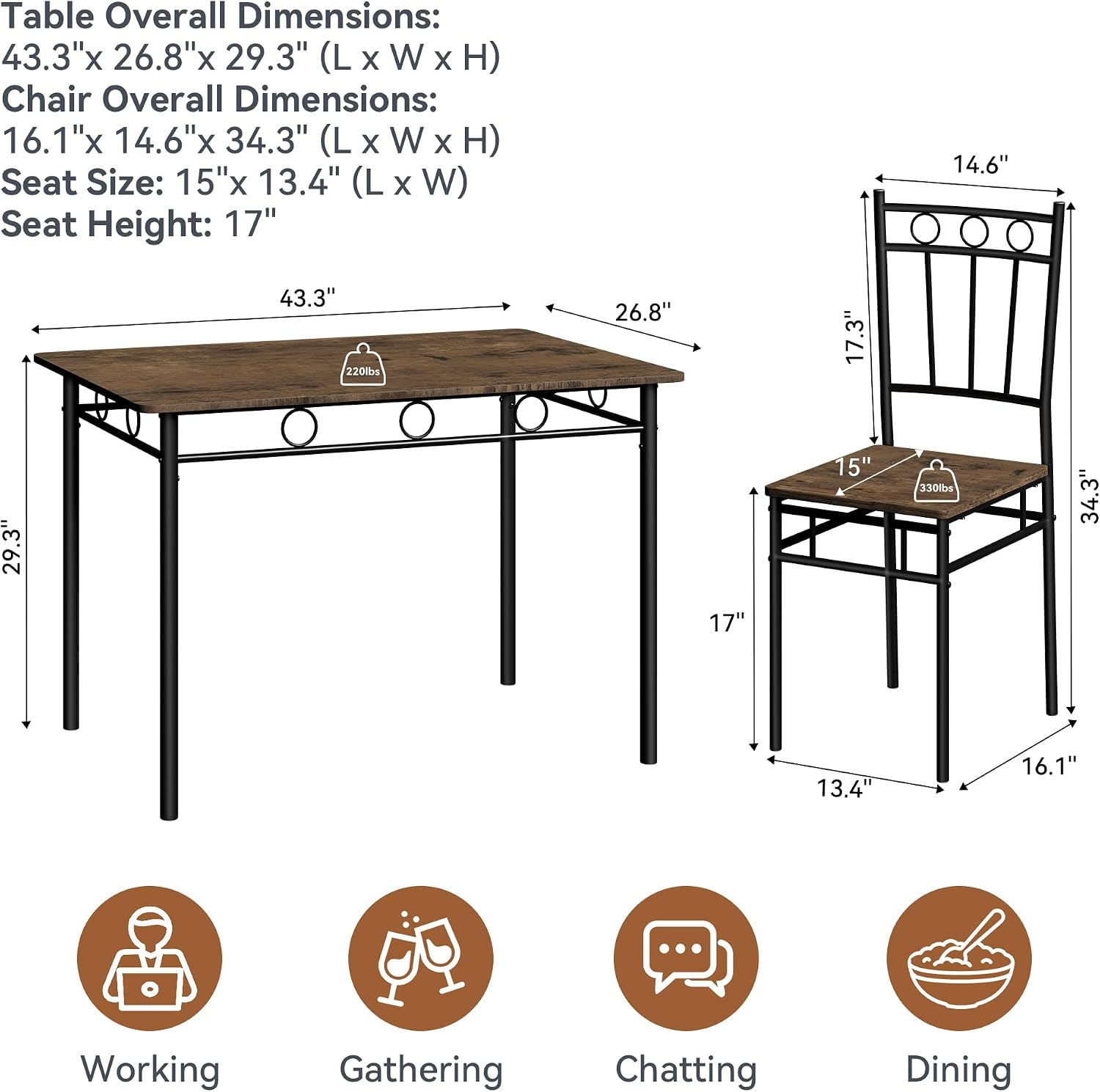 Dining Table Set for 4, 5-Piece Kitchen Table and Chairs, Rectangular Dining Room Table Set with 4 Chairs, Space-Saving Kitchen Table Set for Small Space,Dinette,Apartment,Retro Brown - Image 2