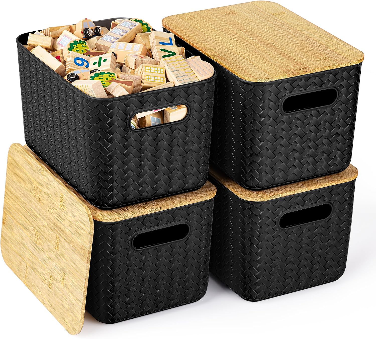 Plastic storage bins with bamboo lids – 4-piece set, black, for desktops, wardrobes, or toys