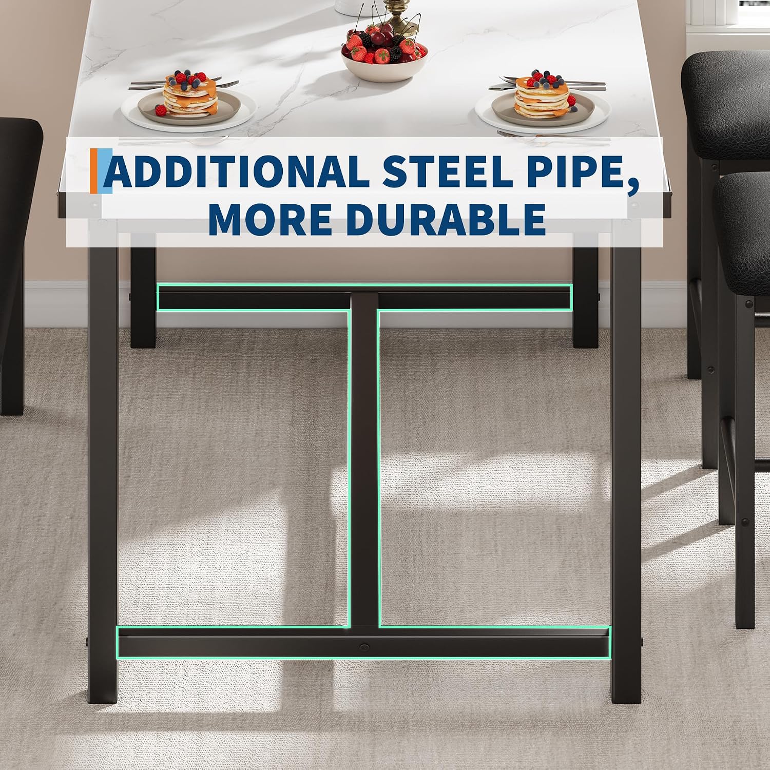 Wooden Dining Table Set for 4, Kitchen Table and 2 Upholstered Chairs with Bench, Rectangular Dining Room Set, for Small Space, Apartment, Home, Easy Assembly, White Marble - Image 3