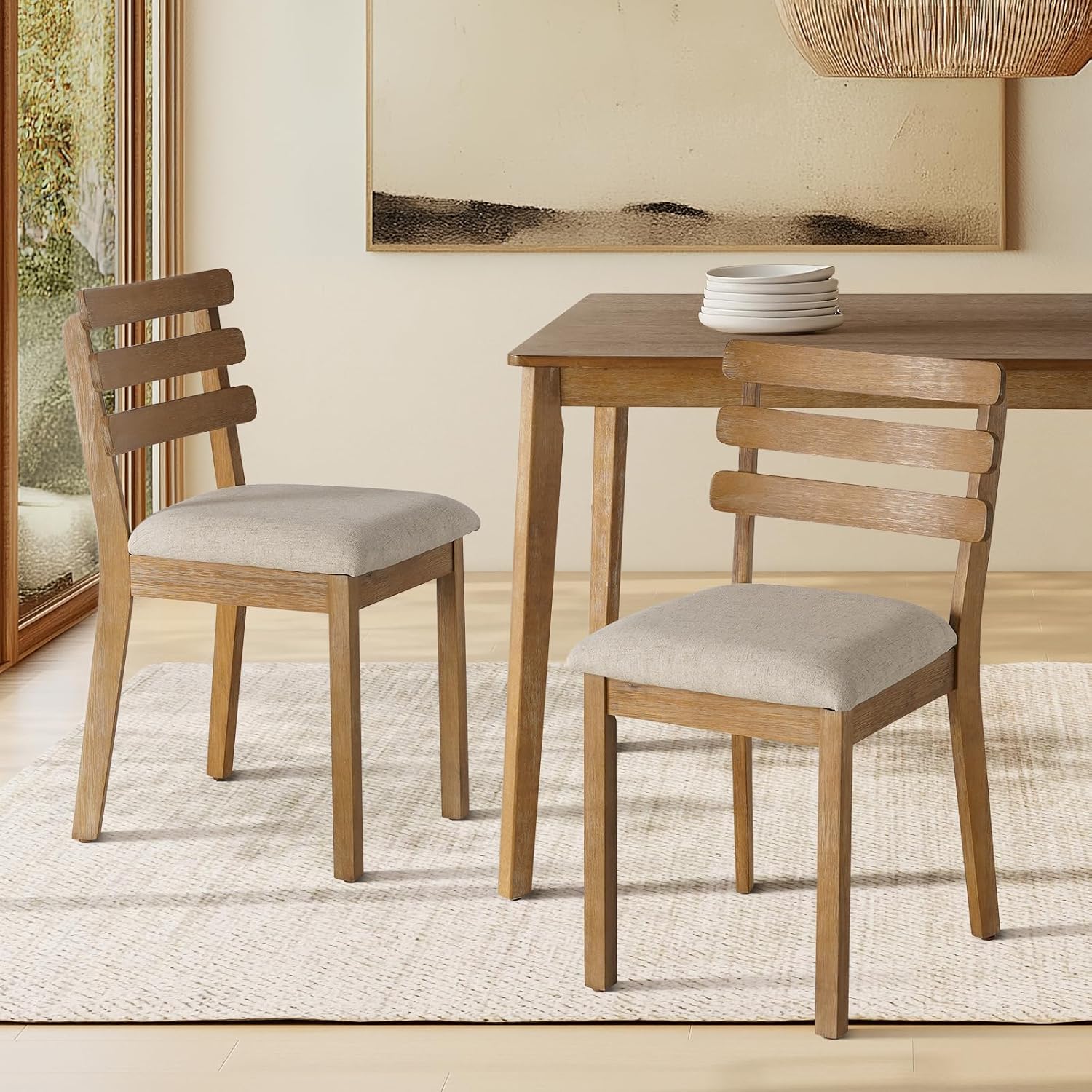 4-Piece Farmhouse Dining Set, Wooden Table with 2 Chairs, Bench Seat, Mid-Century Modern Wooden Table & Upholstered Chair Set for Home, Kitchen, Dining Room, Solidwood Legs - Image 3