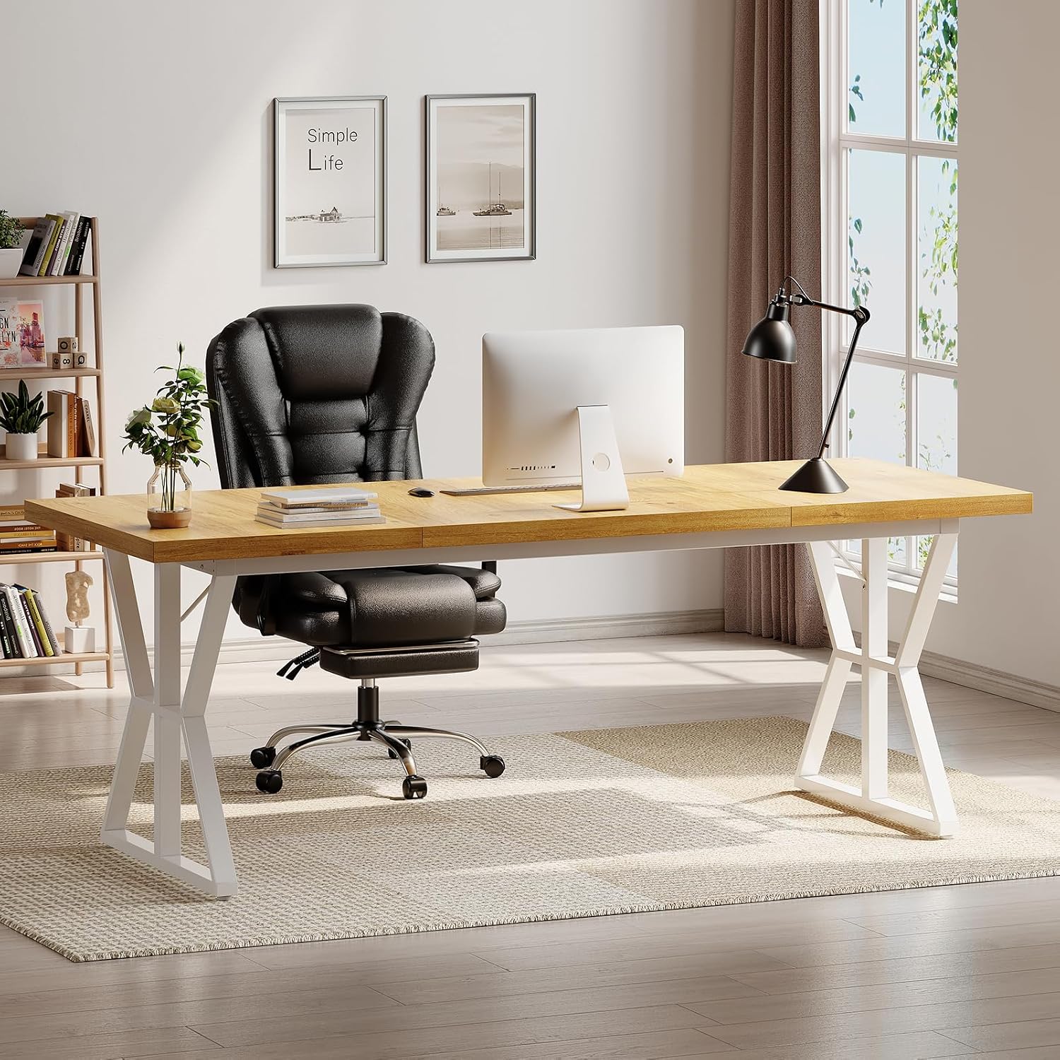 71 Inch Computer Desk, Large Home Office Executive Desk, Modern Simple Style Gaming Desk for Writing Work Study Bedroom, Sturdy Frame & Thicker Steel Legs with Ample Legroom, Rustic Oak