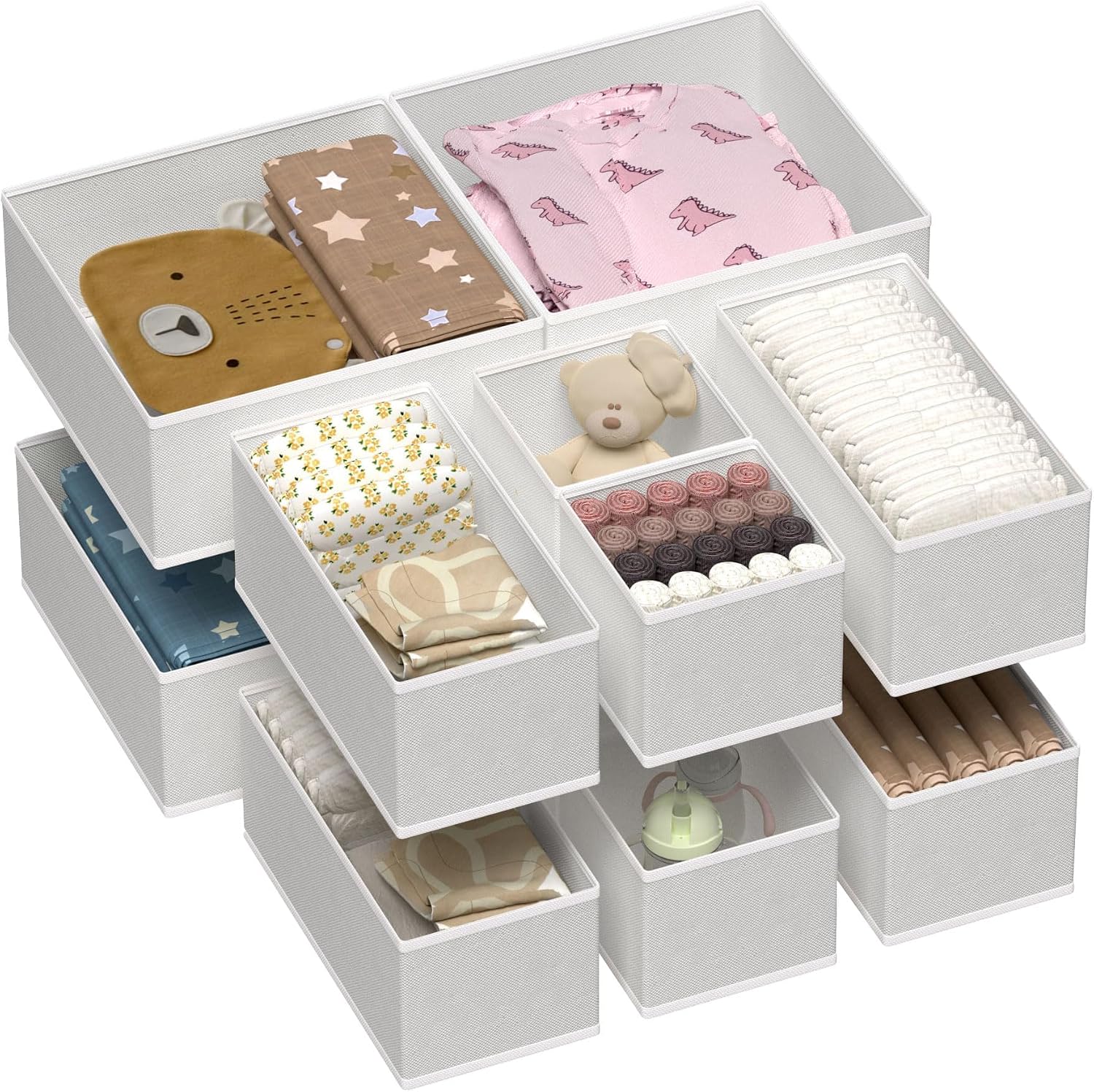 Foldable fabric drawer-style storage bins for baby clothes – 12-piece set