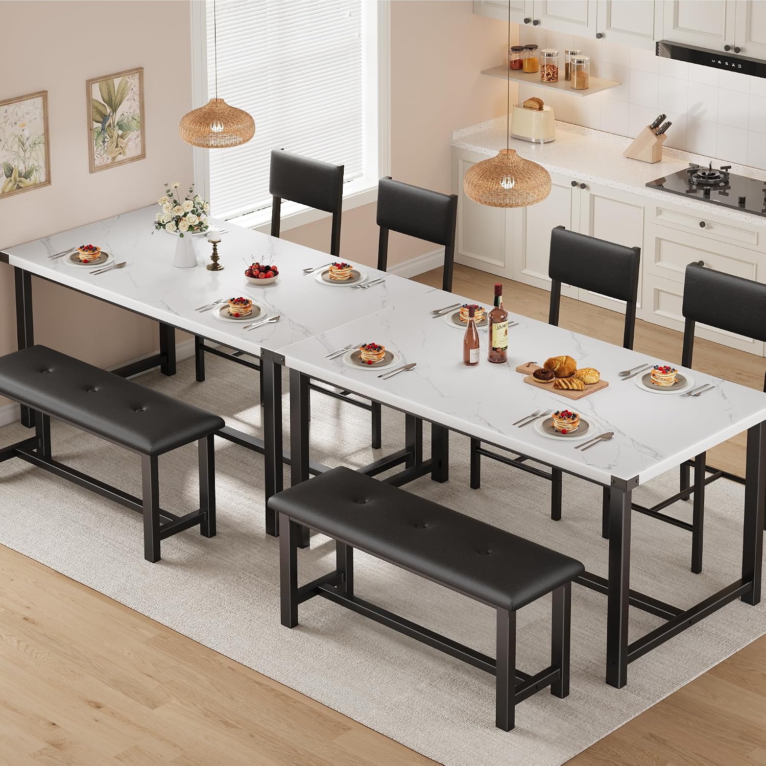 Wooden Dining Table Set for 4, Kitchen Table and 2 Upholstered Chairs with Bench, Rectangular Dining Room Set, for Small Space, Apartment, Home, Easy Assembly, White Marble - Image 2