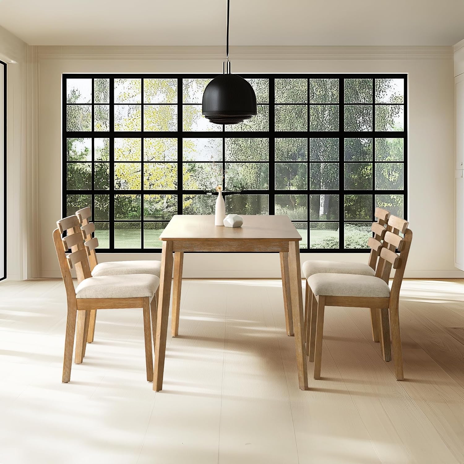 4-Piece Farmhouse Dining Set, Wooden Table with 2 Chairs, Bench Seat, Mid-Century Modern Wooden Table & Upholstered Chair Set for Home, Kitchen, Dining Room, Solidwood Legs - Image 2
