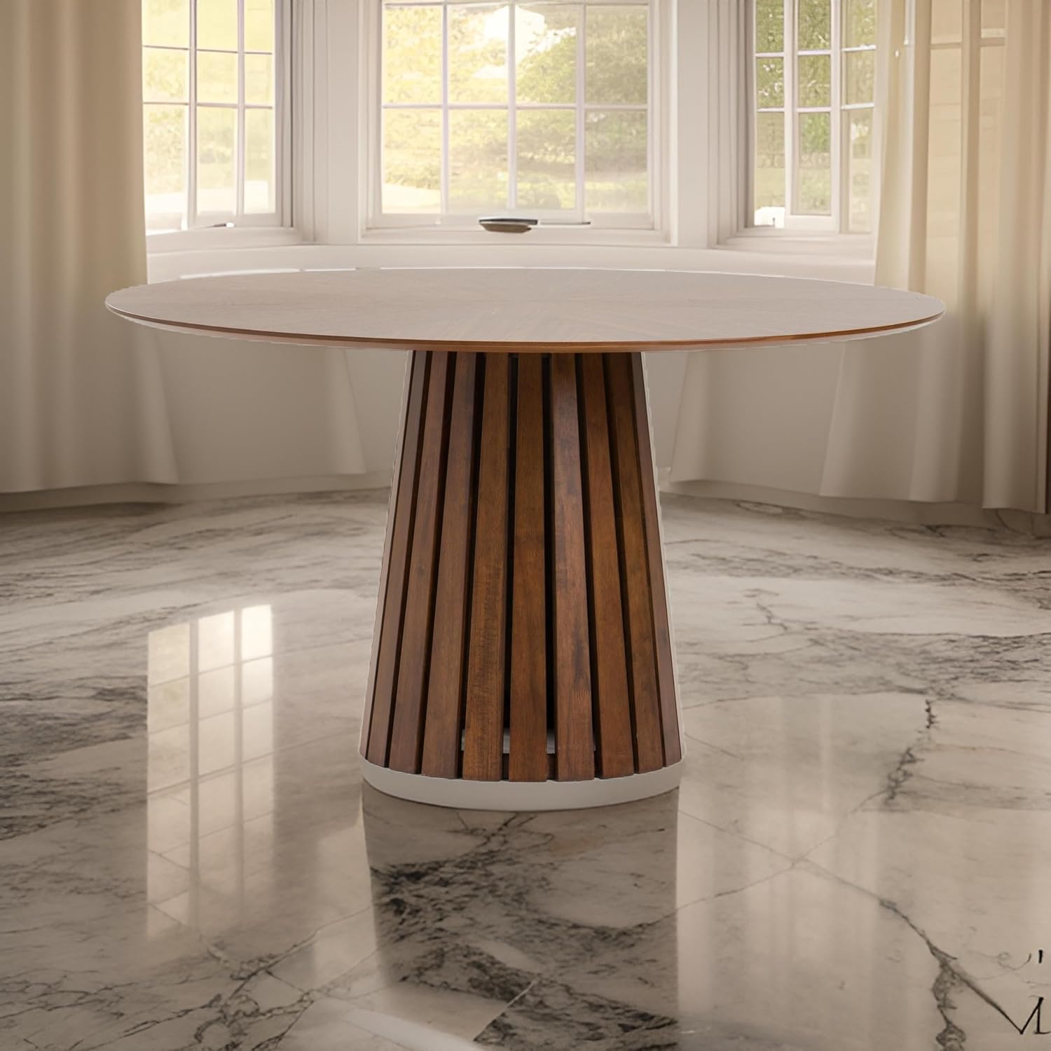 54 Inch Dining Table, Round Walnut Veneer, Slatted Pedestal Base, Brown - Image 2