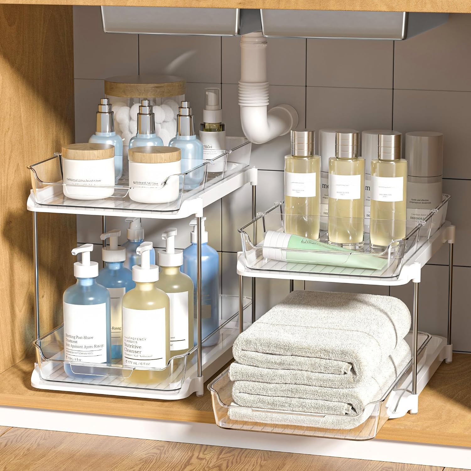 2-Tier Under-Sink Organizer (2-Piece Set) – Stackable Cabinet Storage Bins with Dividers
