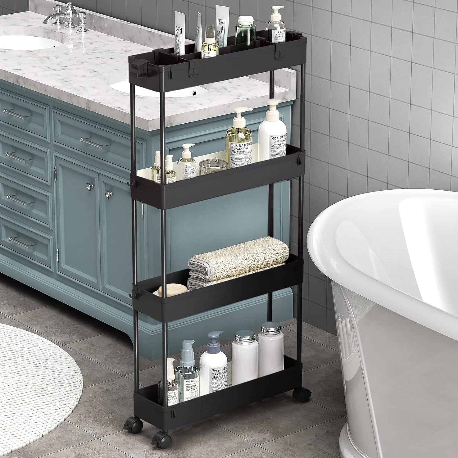 4-Tier Slim Rolling Storage Cart – Narrow-Space Organizer for Kitchen, Bathroom, or Laundry Room (Black)