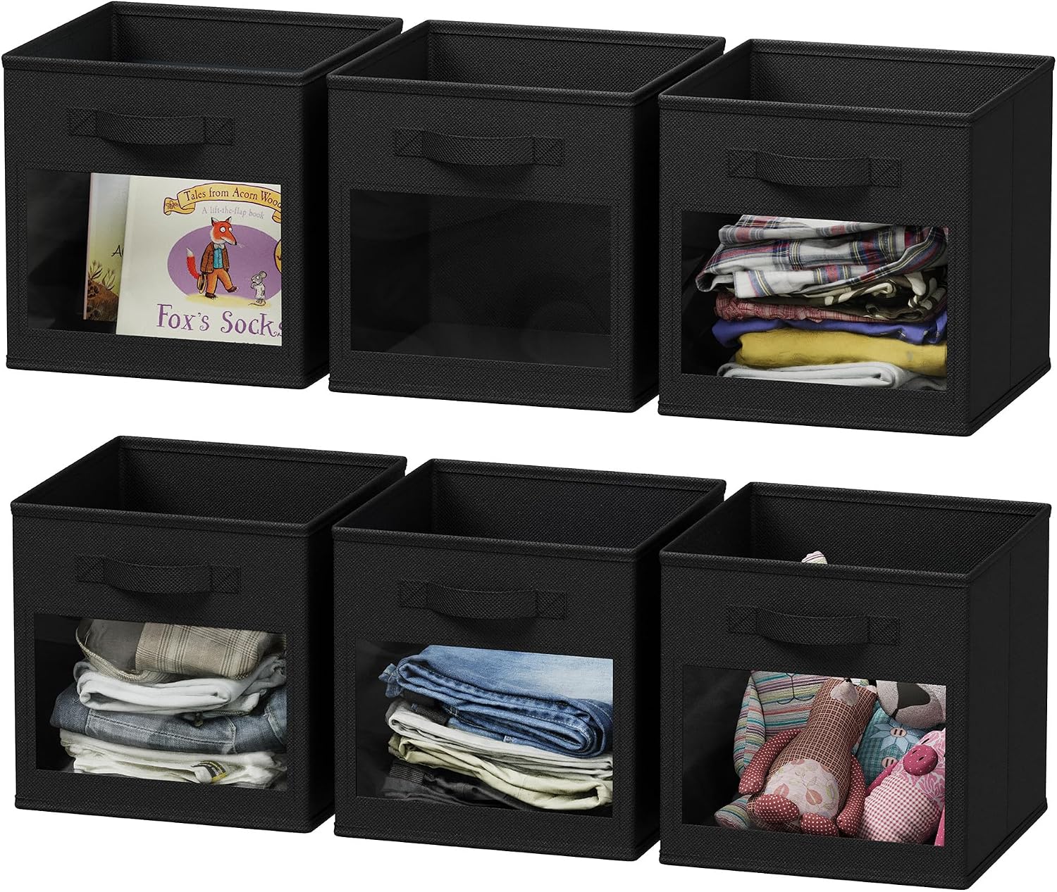 Fabric Storage Bins with Transparent Windows – Foldable Organizers for Cube Shelving and Wardrobes (6-Piece Set, Black)