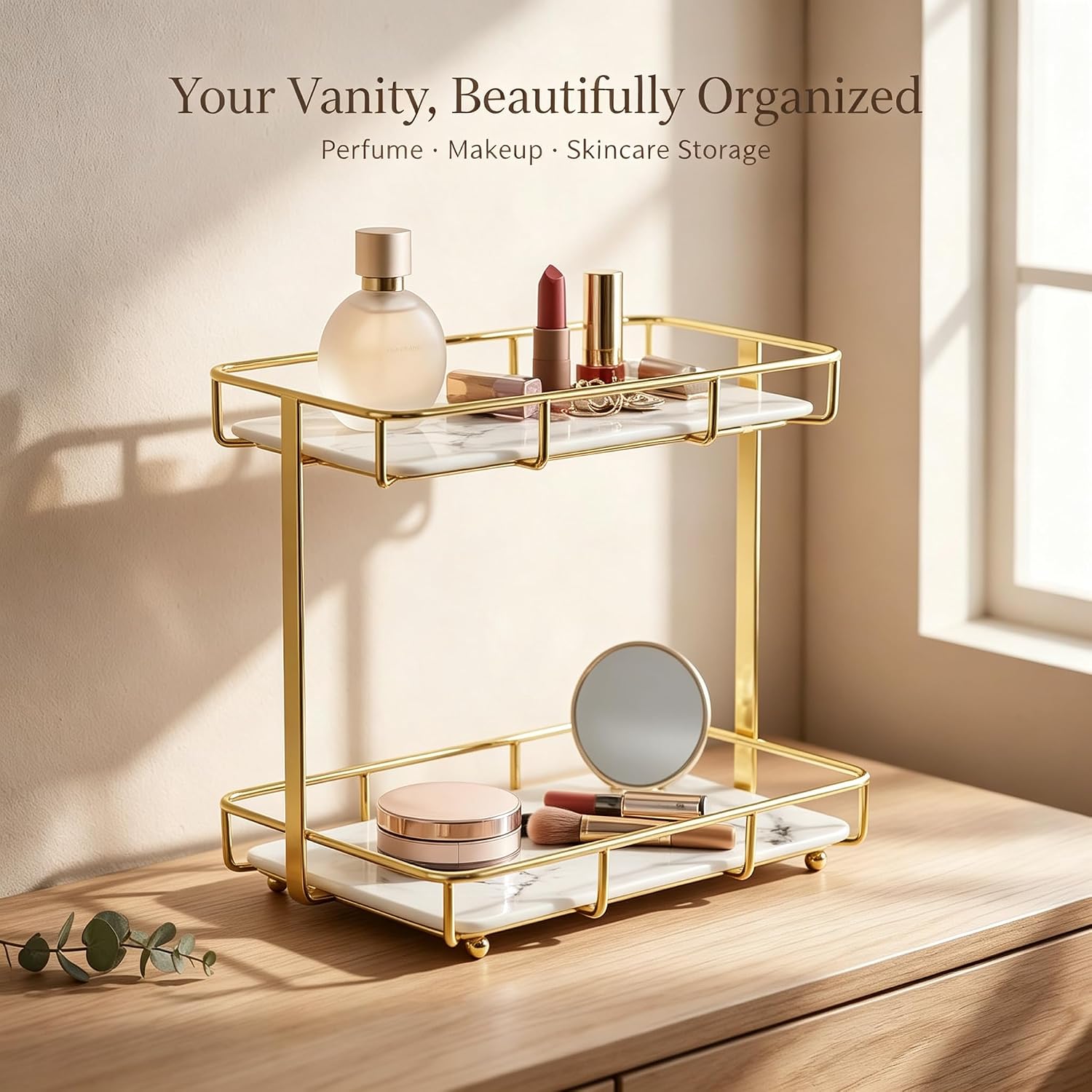 2-Tier Bathroom Countertop Organizer – Stainless Steel Marble-Patterned Vanity Display Tray - Image 2