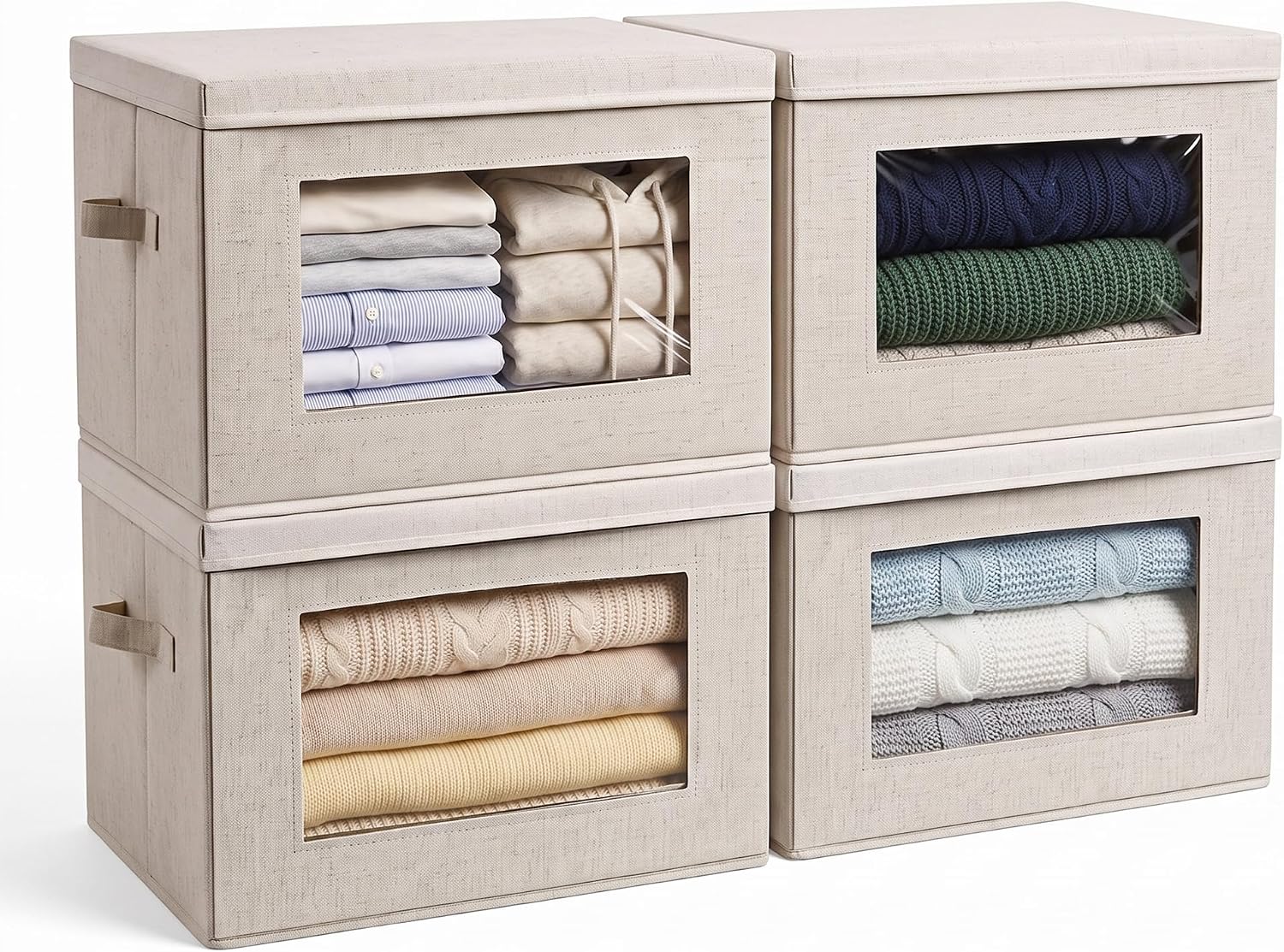 Fabric storage bins with lids and soft rope handles – 4-piece set, beige, for books and clothing