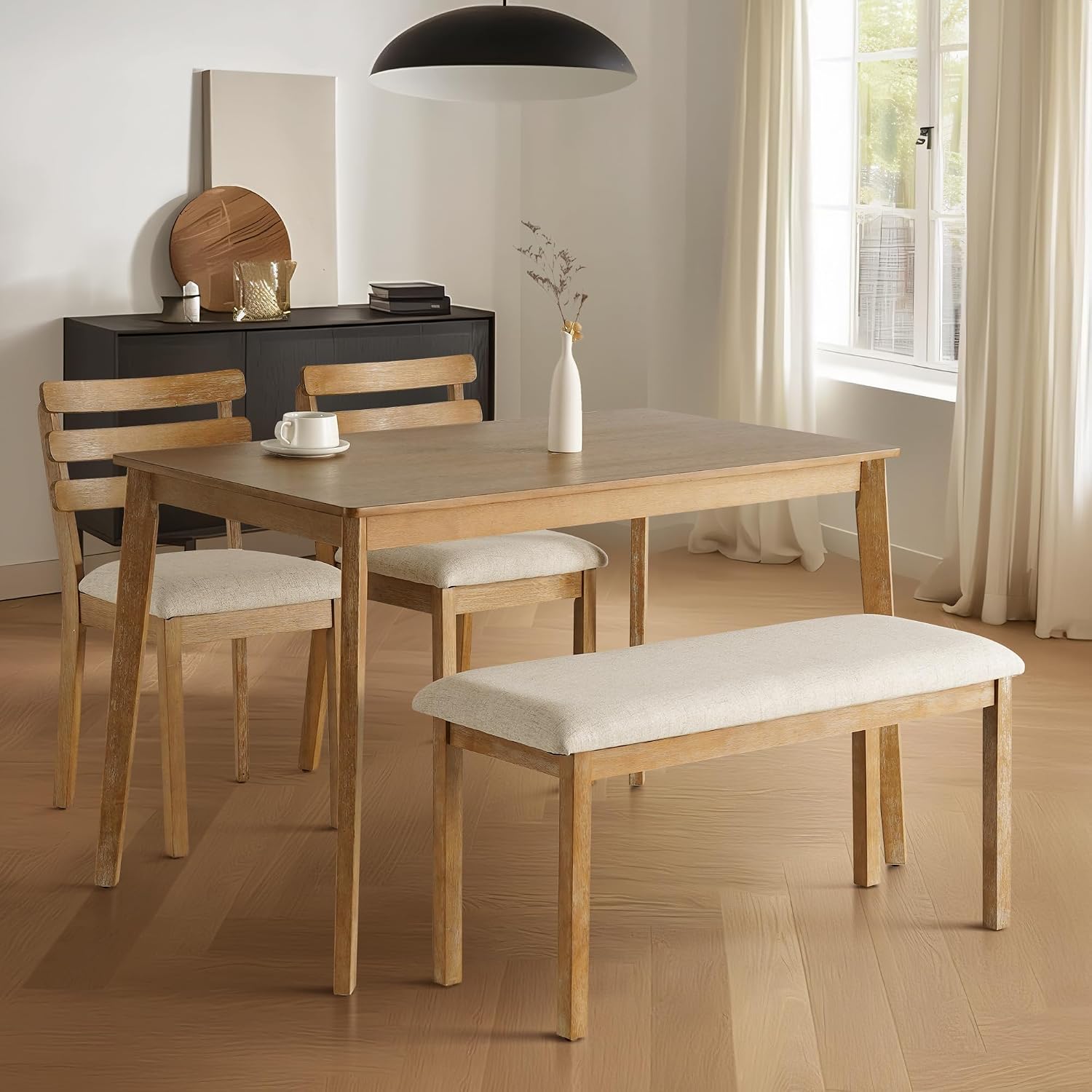 4-Piece Farmhouse Dining Set, Wooden Table with 2 Chairs, Bench Seat, Mid-Century Modern Wooden Table & Upholstered Chair Set for Home, Kitchen, Dining Room, Solidwood Legs