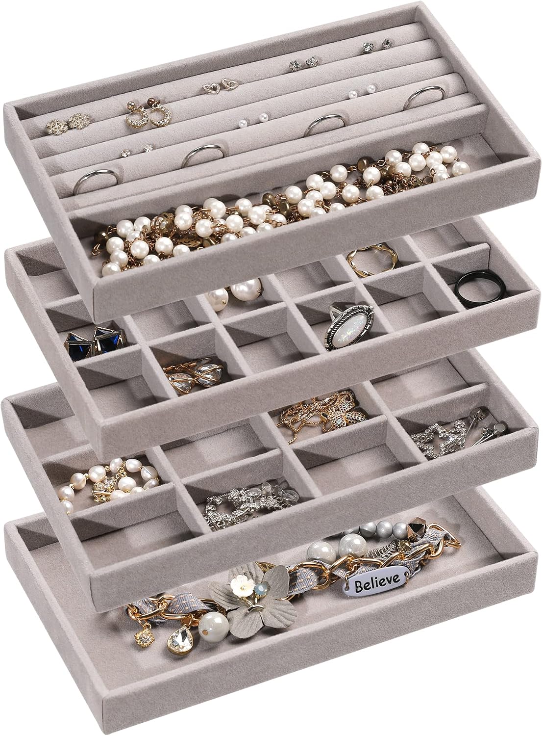 Stackable Velvet Jewelry Tray Set (4-Piece) for Earrings and Rings (Gray)