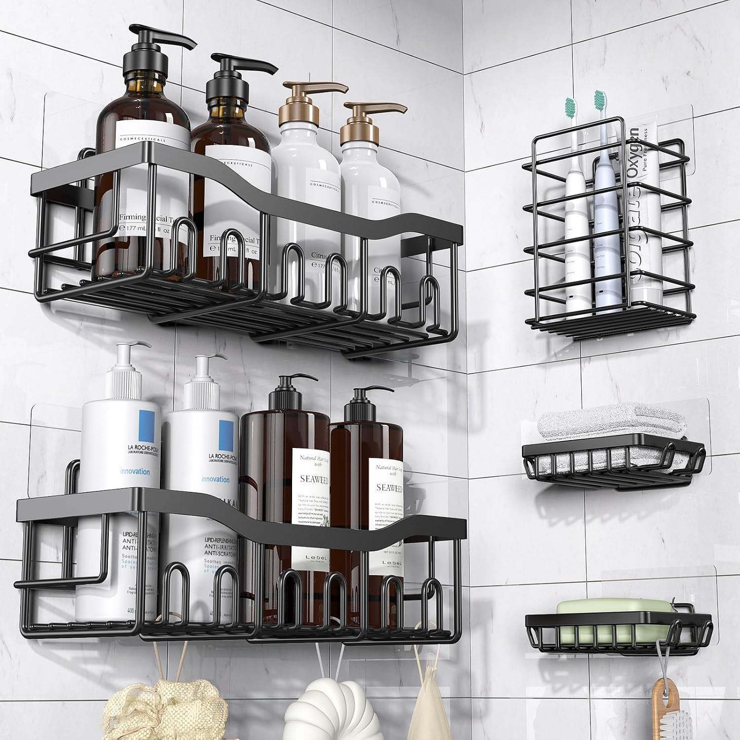 Drill-Free Shower Shelf (5-Piece Set) – Wall-Mounted Stainless Steel Organizer for Kitchen and Bathroom (Black)