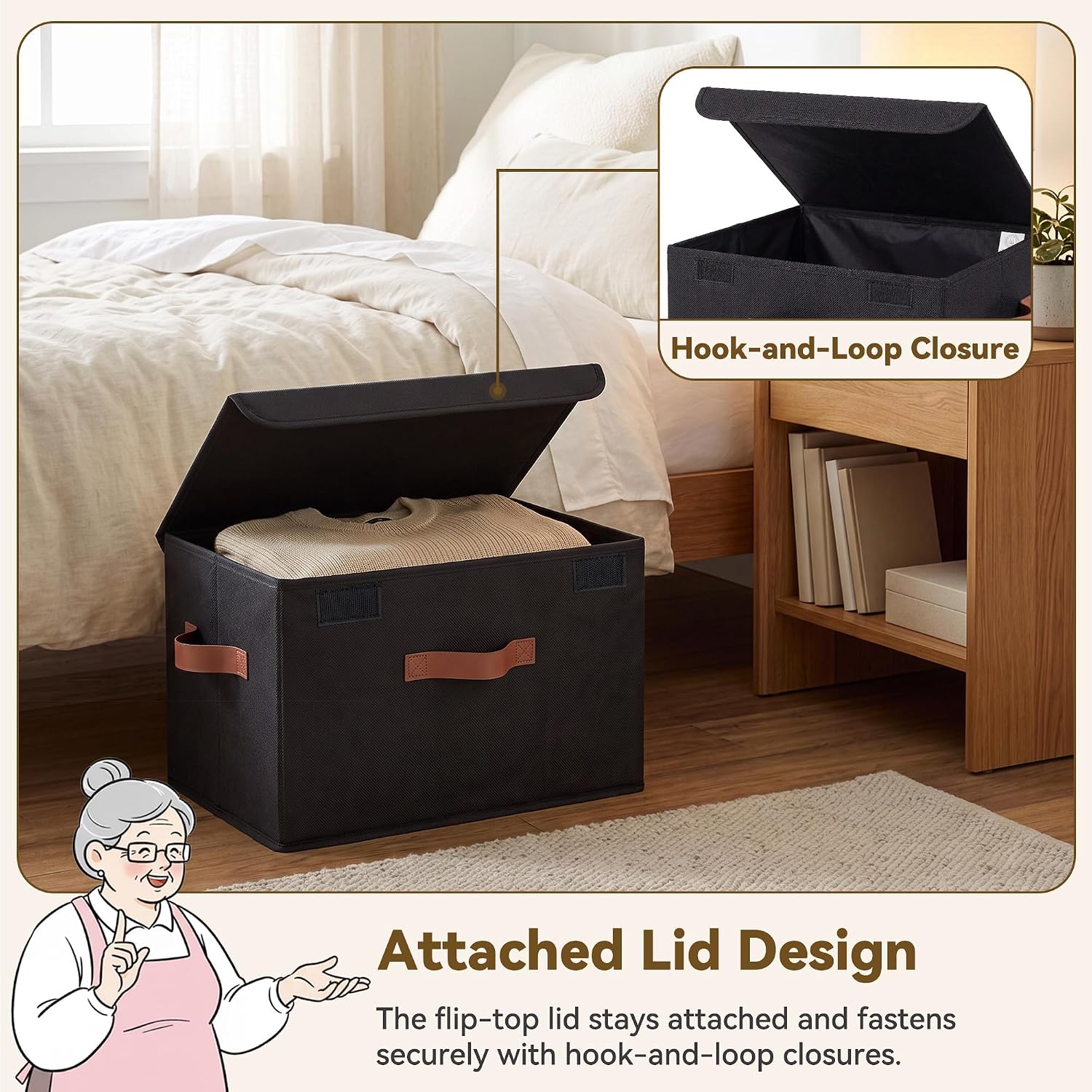 Fabric storage bins with lids and PU leather handles – black - Image 2