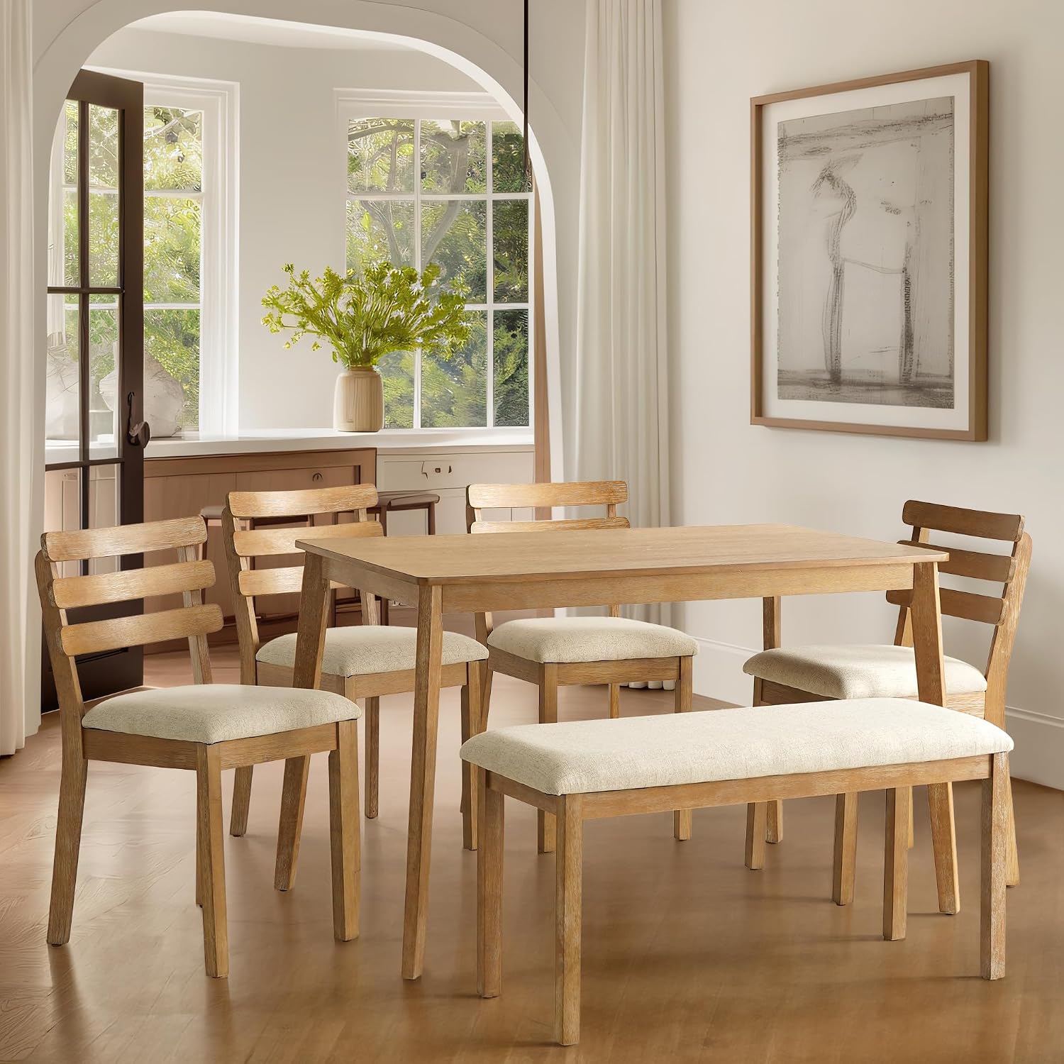 4-Piece Farmhouse Dining Set, Wooden Table with 2 Chairs, Bench Seat, Mid-Century Modern Wooden Table & Upholstered Chair Set for Home, Kitchen, Dining Room, Solidwood Legs - Image 4