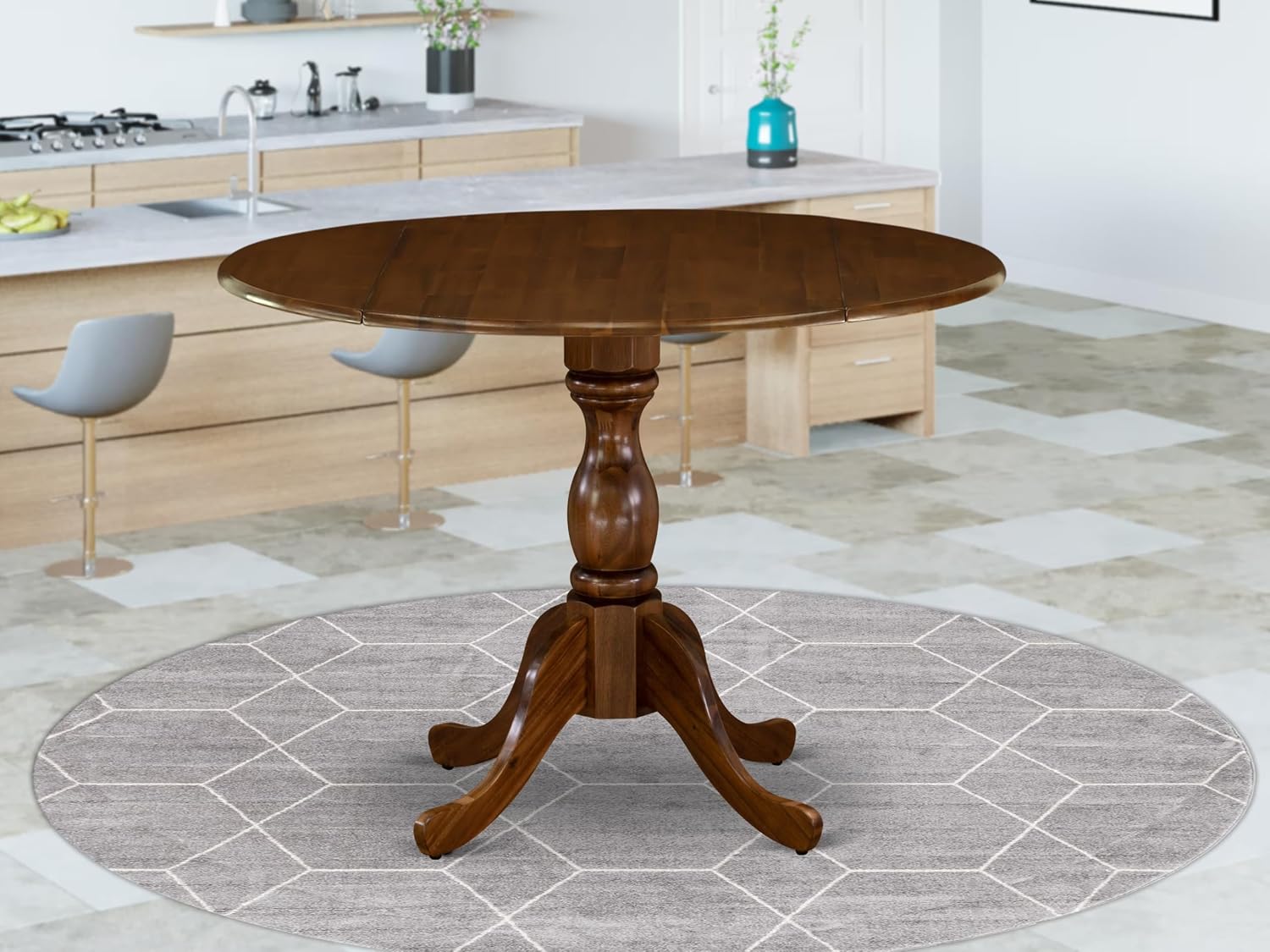 Kitchen Dining Table - a Round Wooden Table Top with Dropleaf & Pedestal Base, 42x42 Inch, Walnut - Image 2