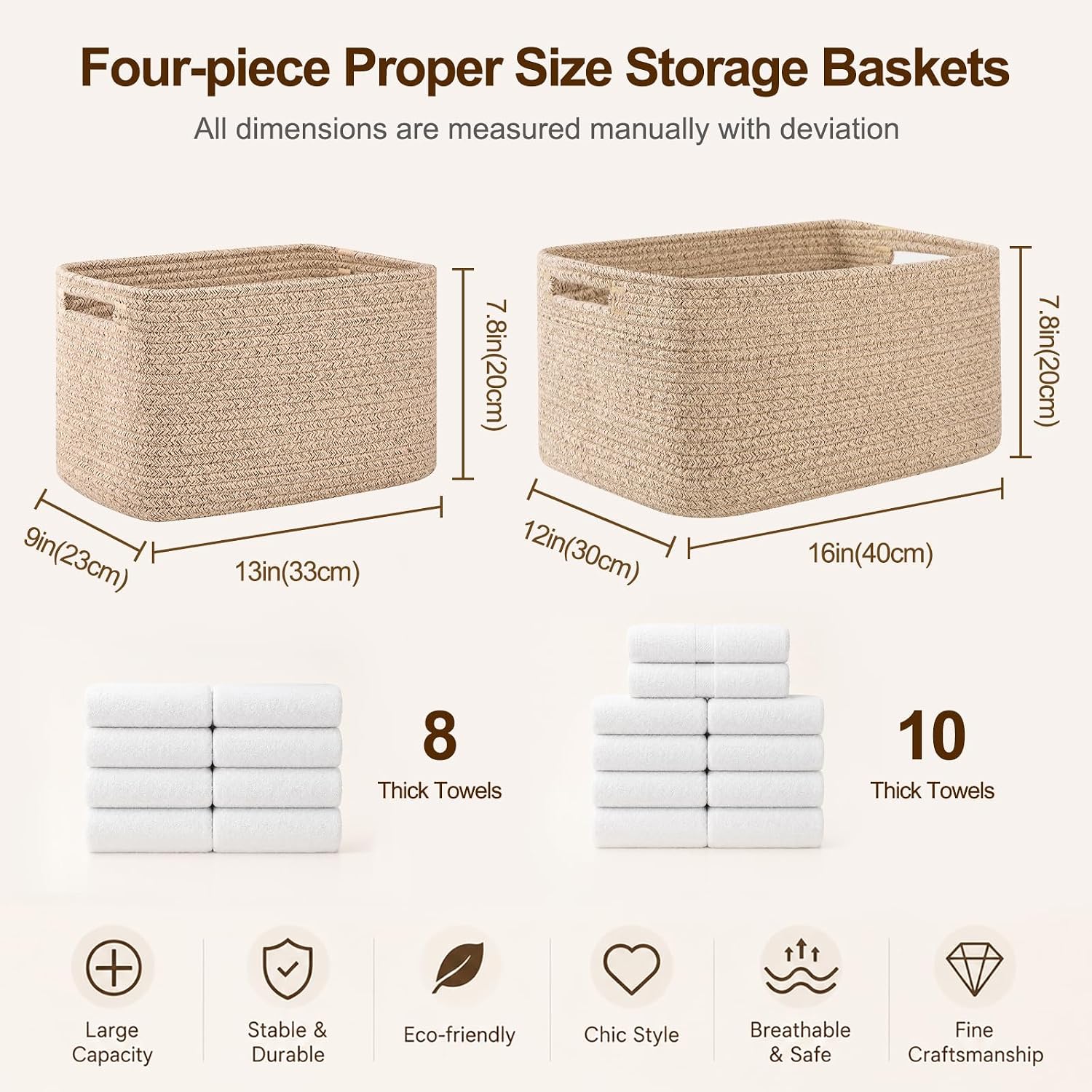 Square fabric storage baskets with handles – 4-piece set, brown, for cube shelving units - Image 2