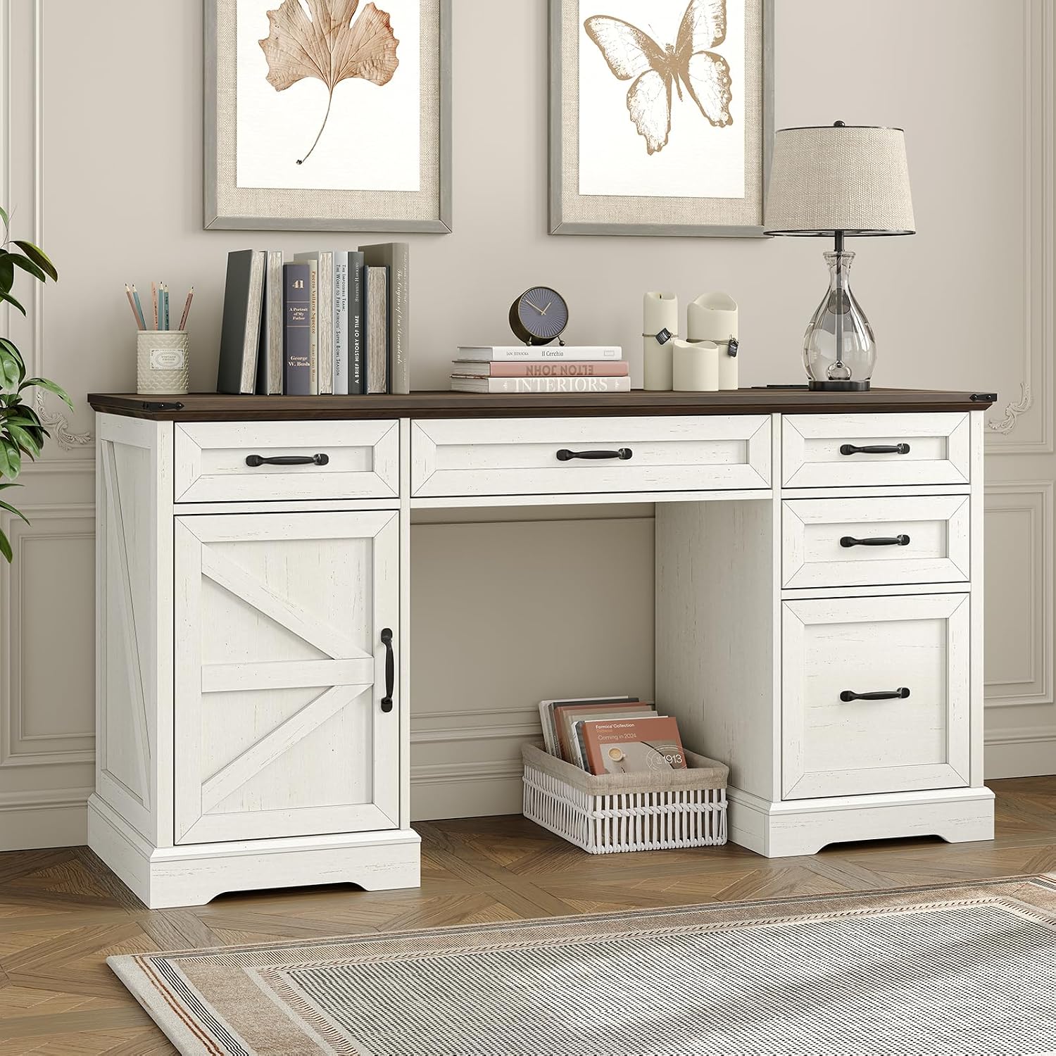 57" Executive Desk, Farmhouse Computer Desk with Drawers and File Cabinet with Charging Station, Wooden Home Office Desk, Workspace for Work & Writing, Brown Tabletop