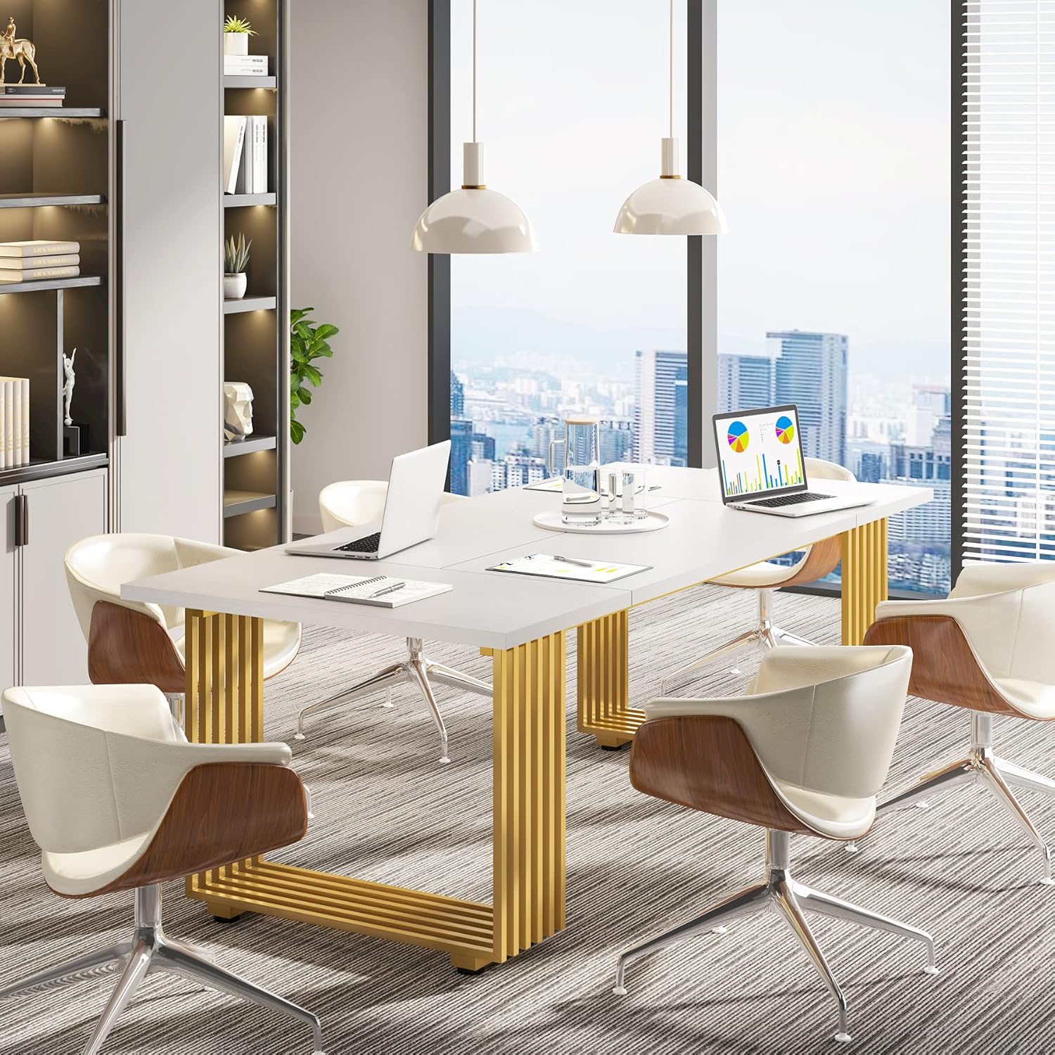70.9" White Office Desk, Modern Executive Desk with Gold Metal Legs, Large Home Office Desks, Wood Computer Desk, Business Furniture - Image 2