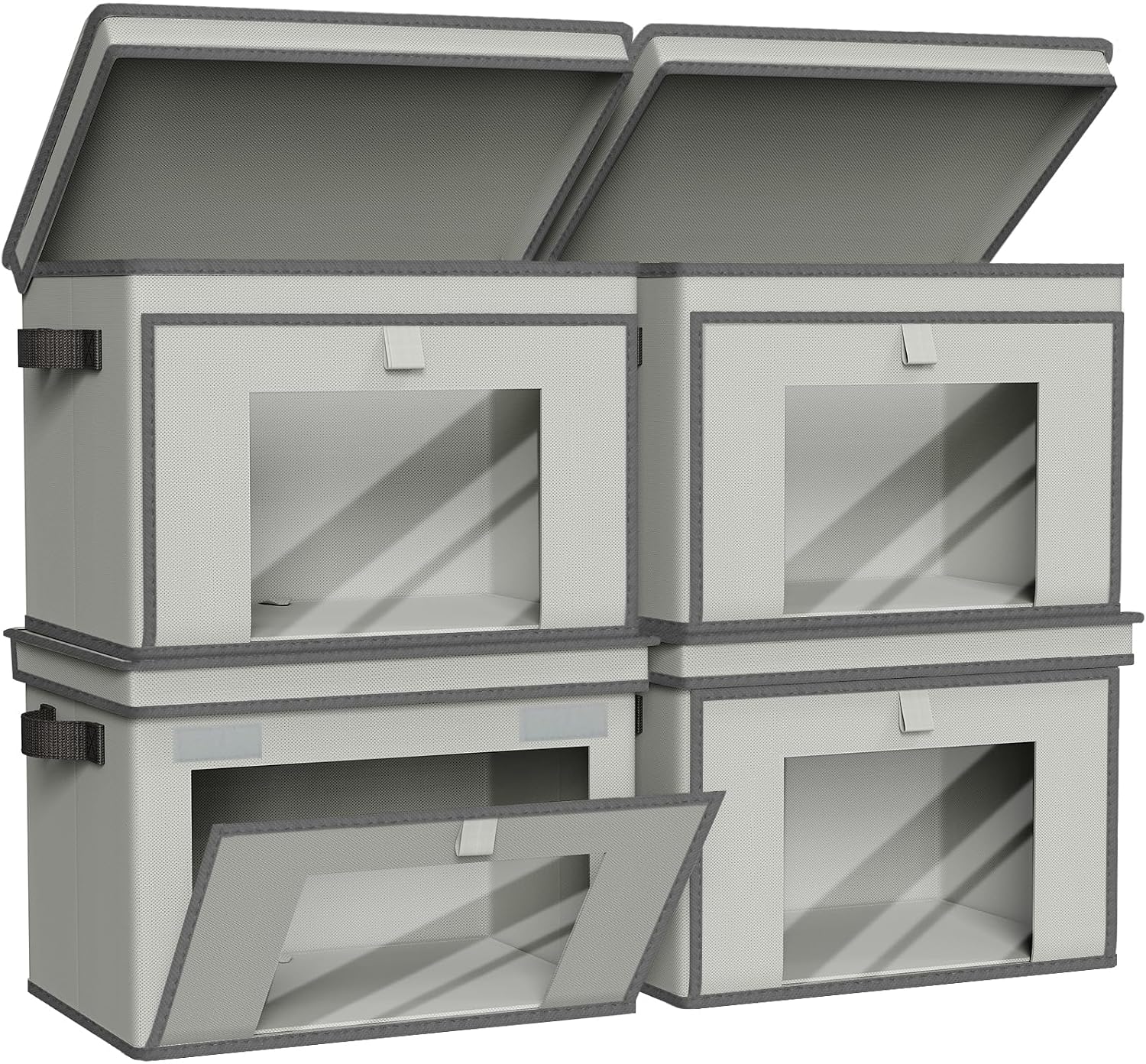 Grey, front-opening, flip-top fabric storage bins for home wardrobes – 4-piece set