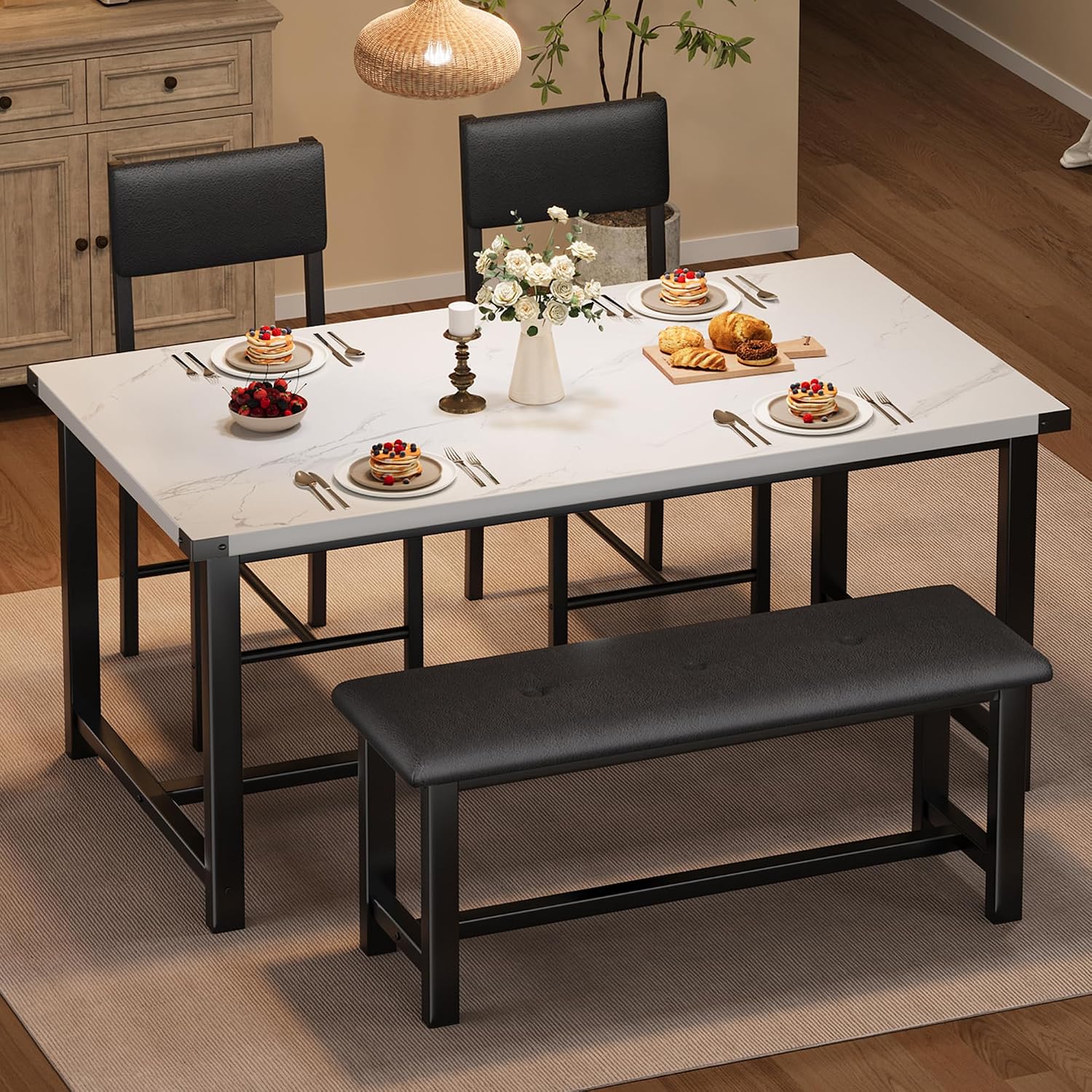 Wooden Dining Table Set for 4, Kitchen Table and 2 Upholstered Chairs with Bench, Rectangular Dining Room Set, for Small Space, Apartment, Home, Easy Assembly, White Marble