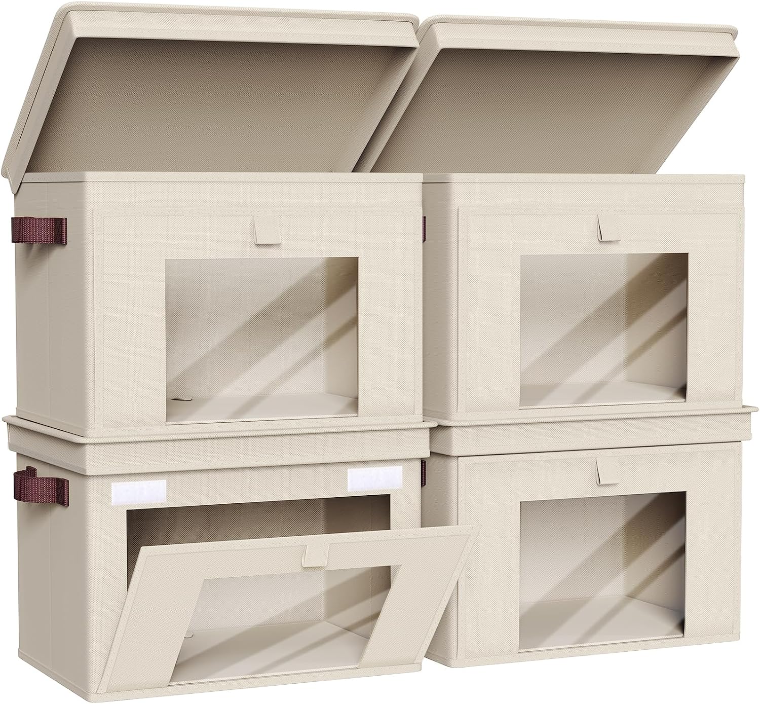 Front-opening, flip-top fabric storage bins for wardrobes – 4-piece set, beige