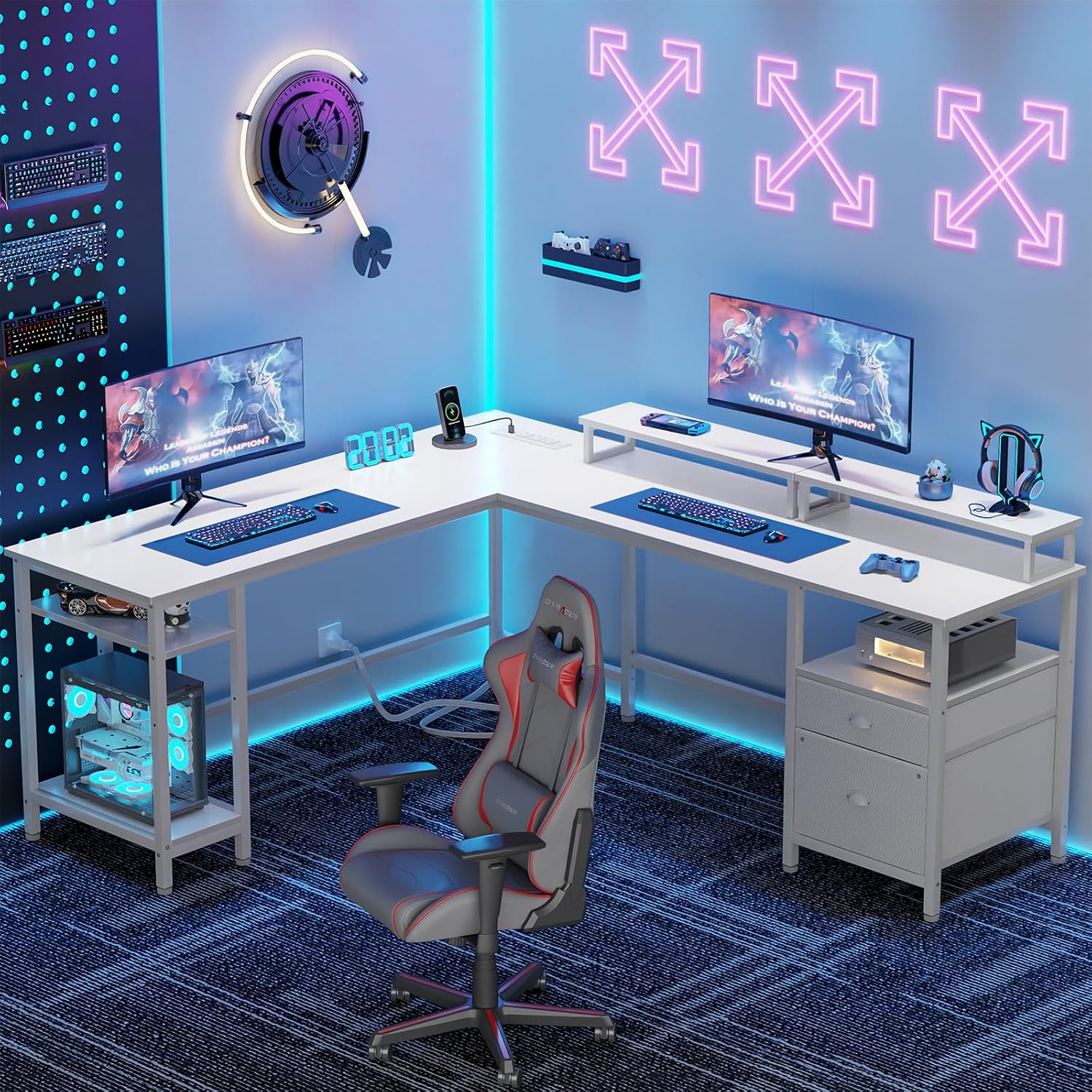White 66” L Shaped Desk with Power Outlet, Reversible Computer Desk with File Drawer & 2 Monitor Stands, Home Office Desk with Storage Shelves, Corner Desk for Gaming Writing - Image 2