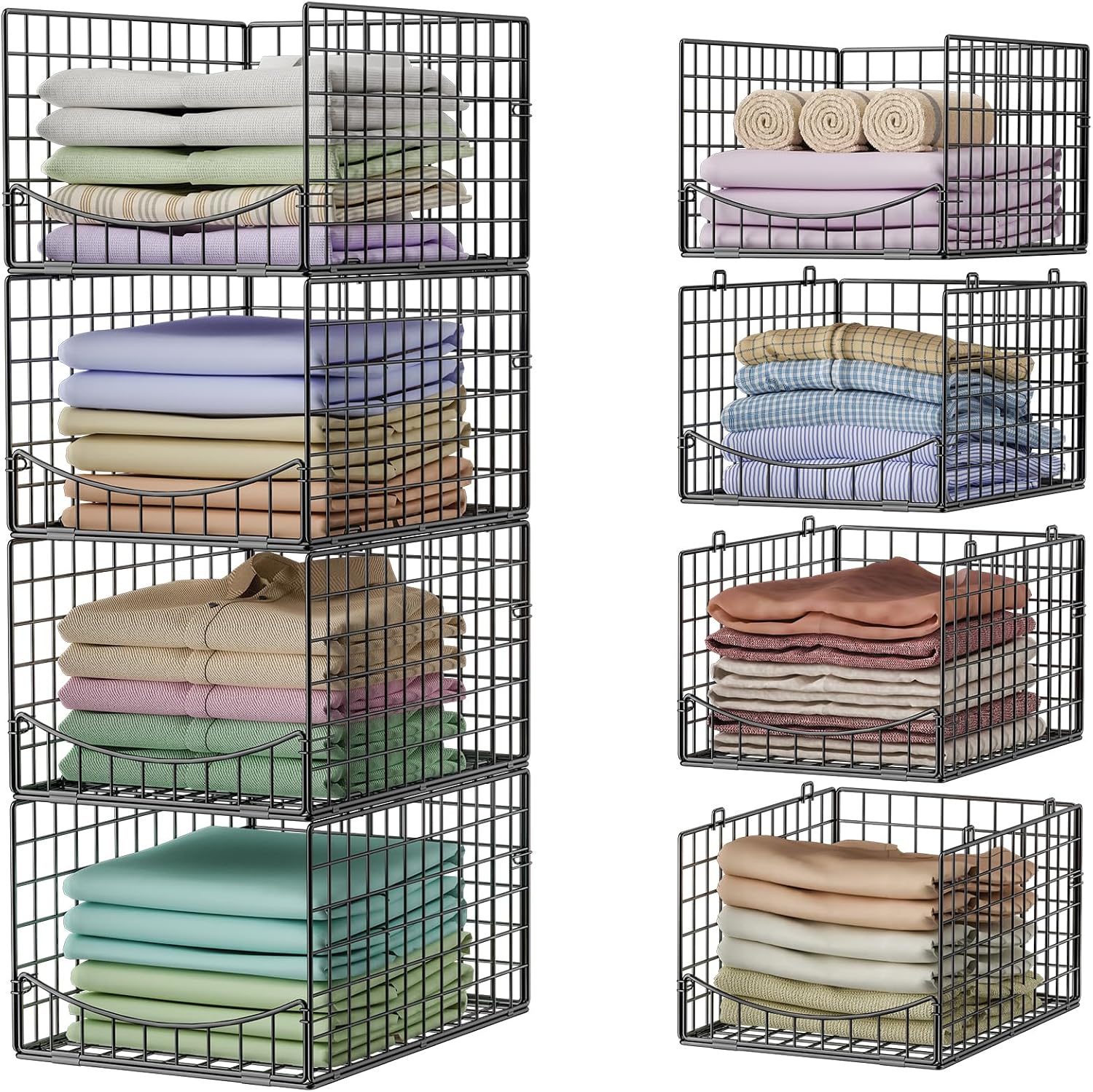 4-Tier Metal Drawer-Style Organizer with Sliding Rails – For Wardrobe Clothing (e.g., Jeans) (Black)