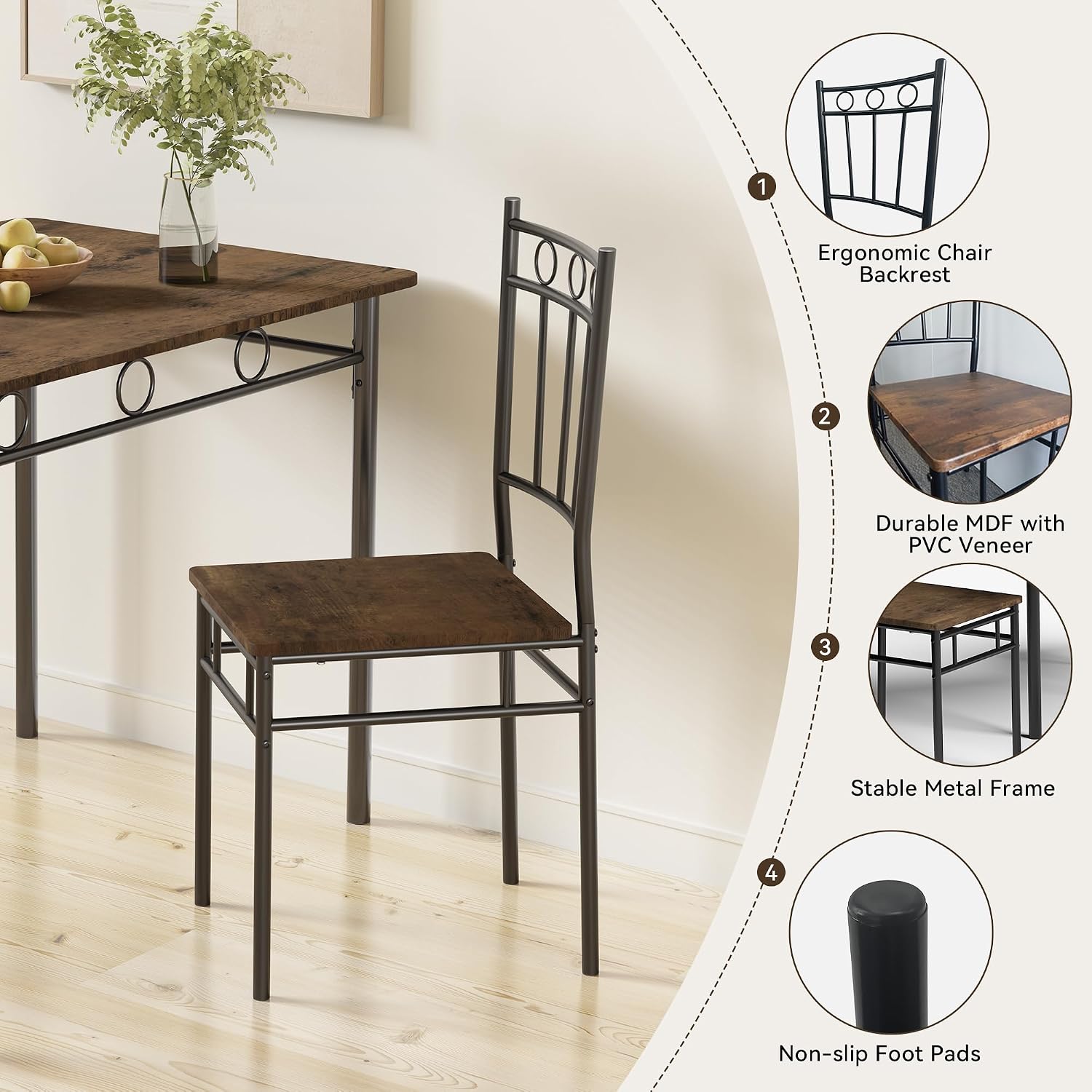 Dining Table Set for 4, 5-Piece Kitchen Table and Chairs, Rectangular Dining Room Table Set with 4 Chairs, Space-Saving Kitchen Table Set for Small Space,Dinette,Apartment,Retro Brown - Image 5