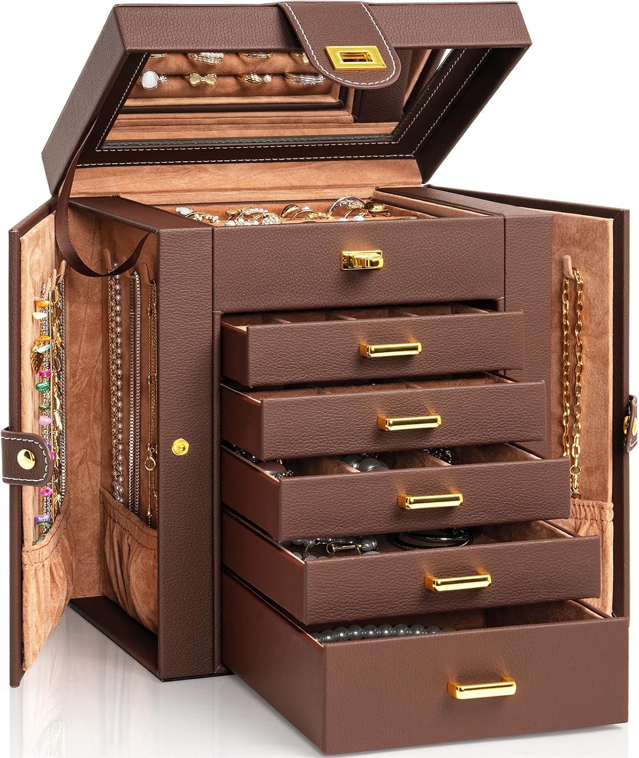Six-Tier Jewelry Box with Five Drawers—Velvet-Lined Storage for Necklaces, Earrings, and Rings (Brown)