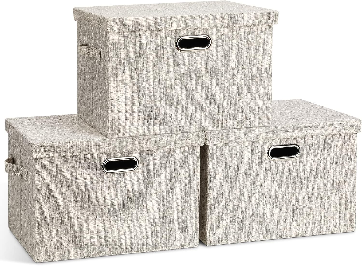 Linen-style fabric storage bins with lids – 3-piece set for bedroom wardrobes