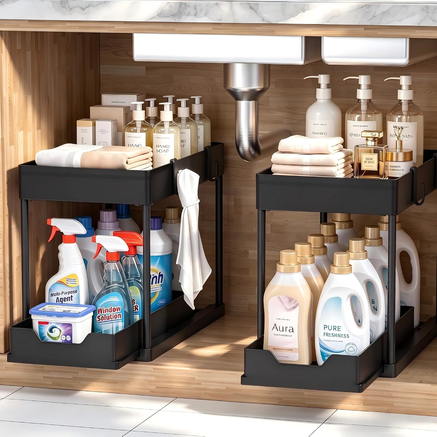 Under-Sink Organizer (2-Piece Set) – 2-Tier Pull-Out Cabinet Storage Baskets (Black)