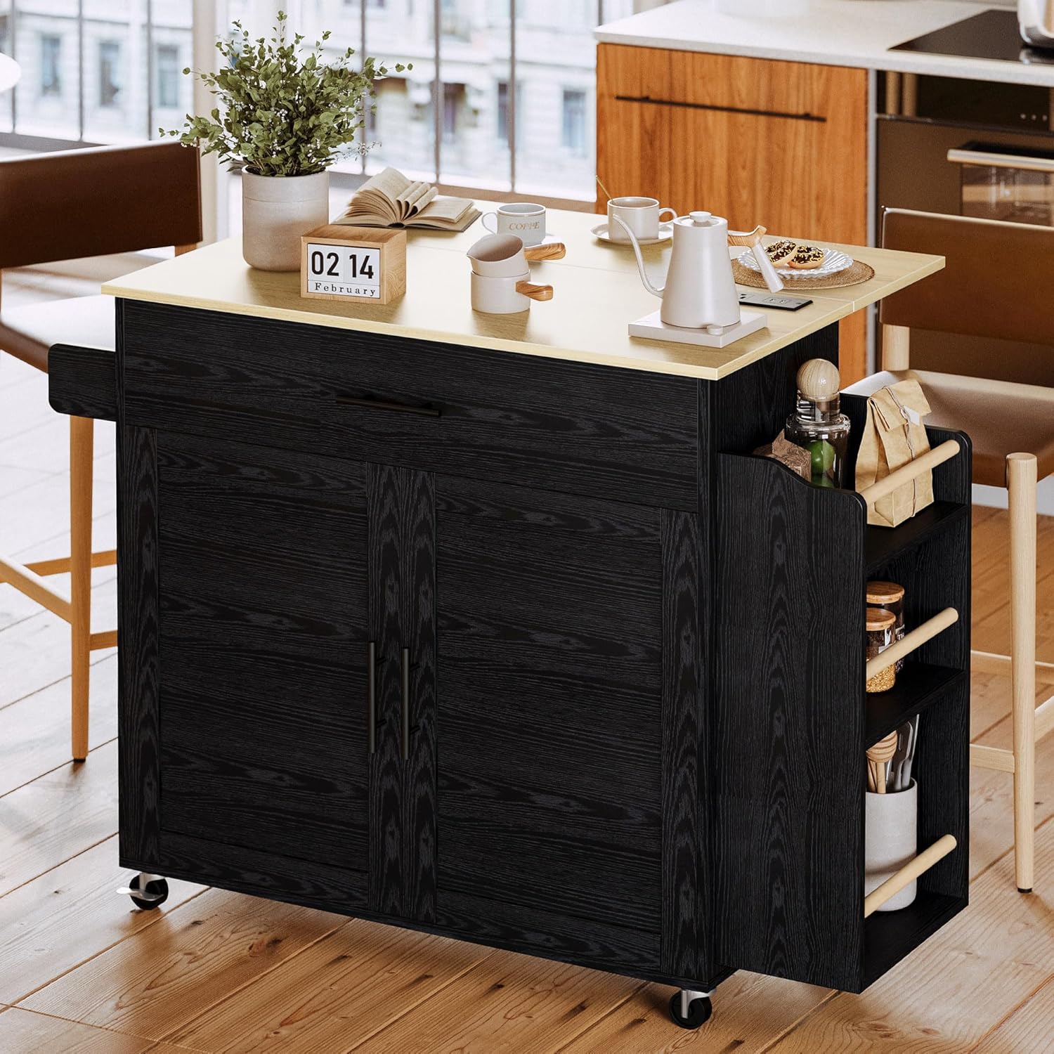 Kitchen Island with Storage, Rolling Kitchen Island on Wheels with Drop Leaf, Charging Station, 3 Open Spice Rack, Cabinet, Drawer, Kitchen Cart Island Table for Kitchen, Black
