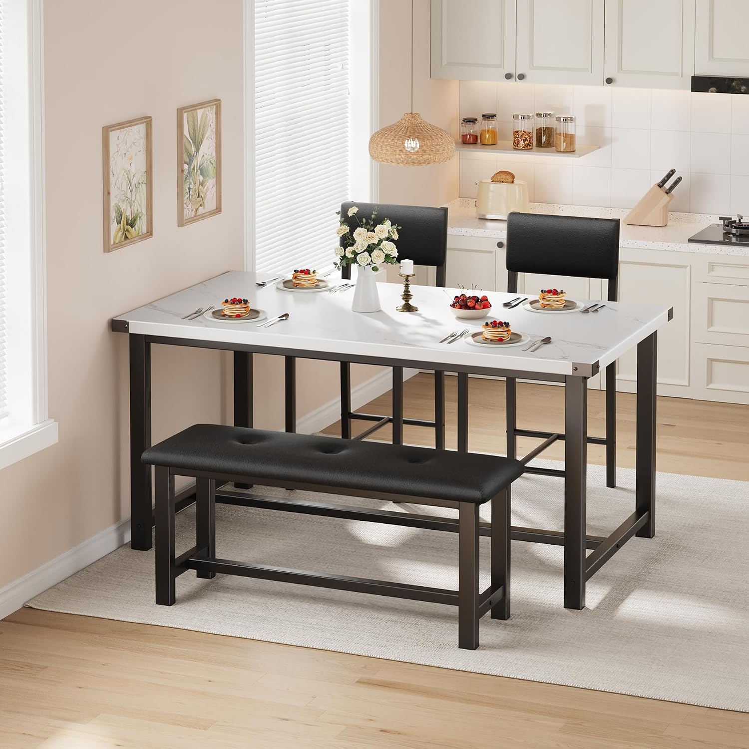 Wooden Dining Table Set for 4, Kitchen Table and 2 Upholstered Chairs with Bench, Rectangular Dining Room Set, for Small Space, Apartment, Home, Easy Assembly, White Marble - Image 5