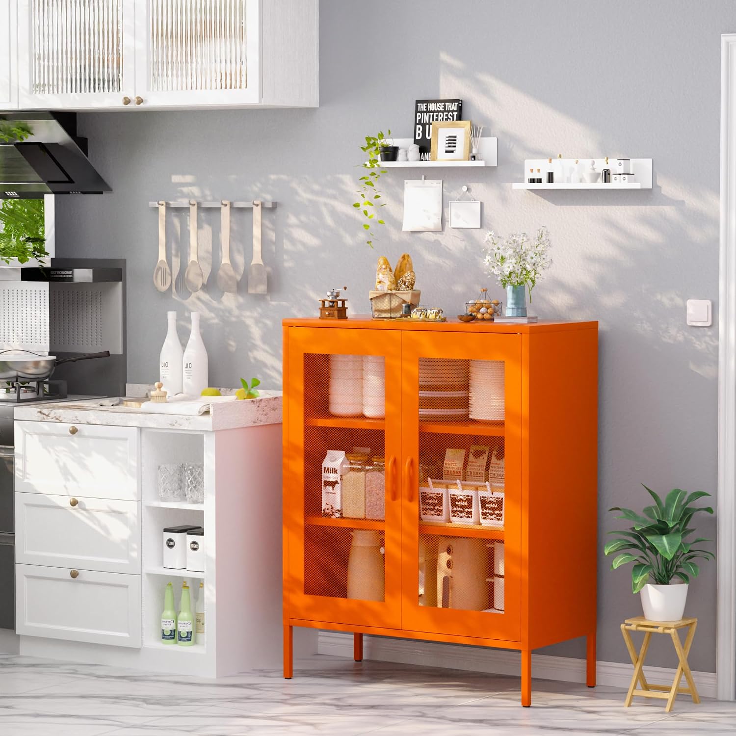 Metal Storage Cabinet, 3 Tiers Metal Cabinet with 2 Mesh Doors and Adjustable Shelves, Orange Cabinet for Bedroom Coffee Bar TV Stand Kitchen Buffet Sideboard, Orange 40''H - Image 2