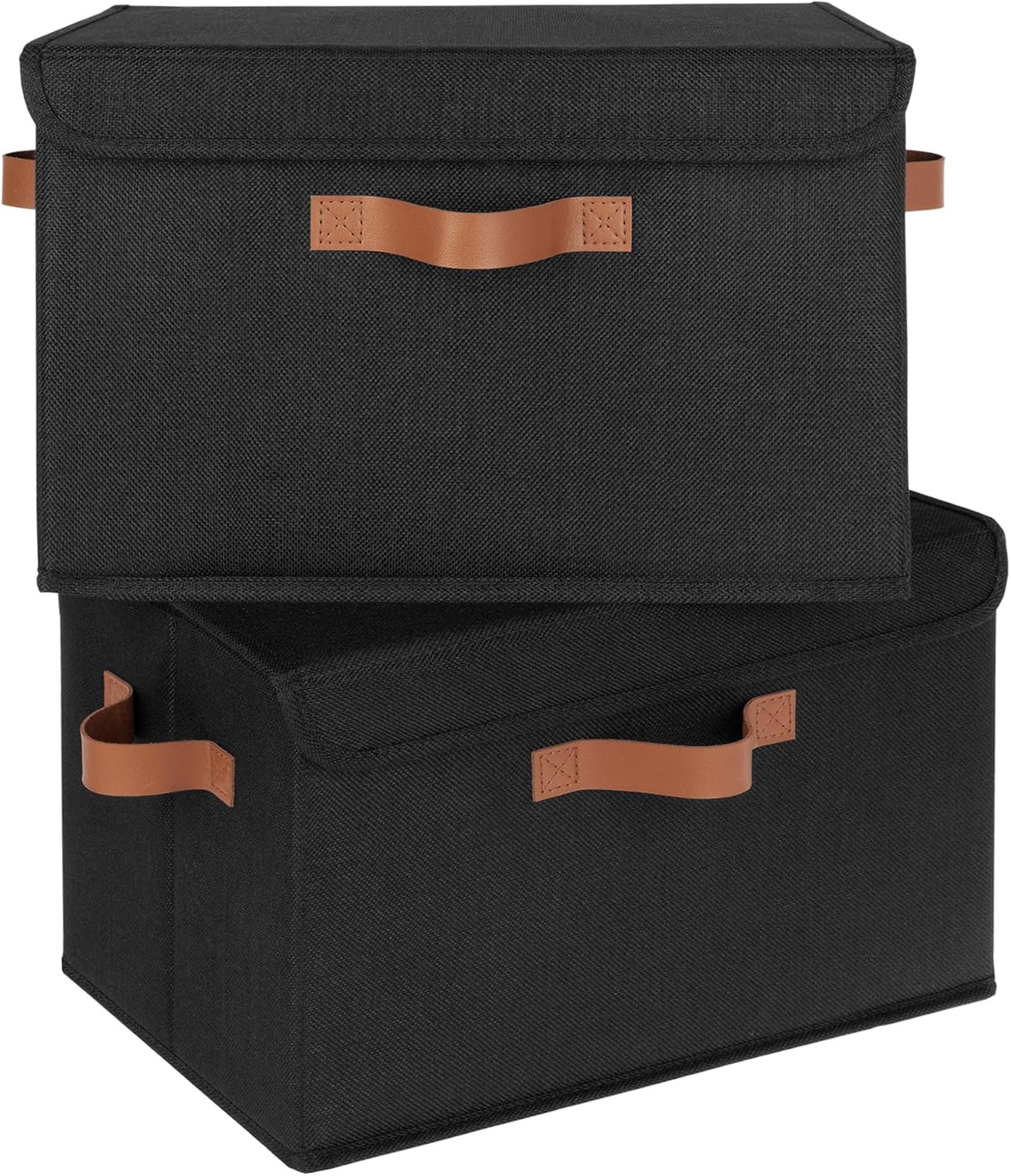 Fabric storage bins with lids and PU leather handles – black
