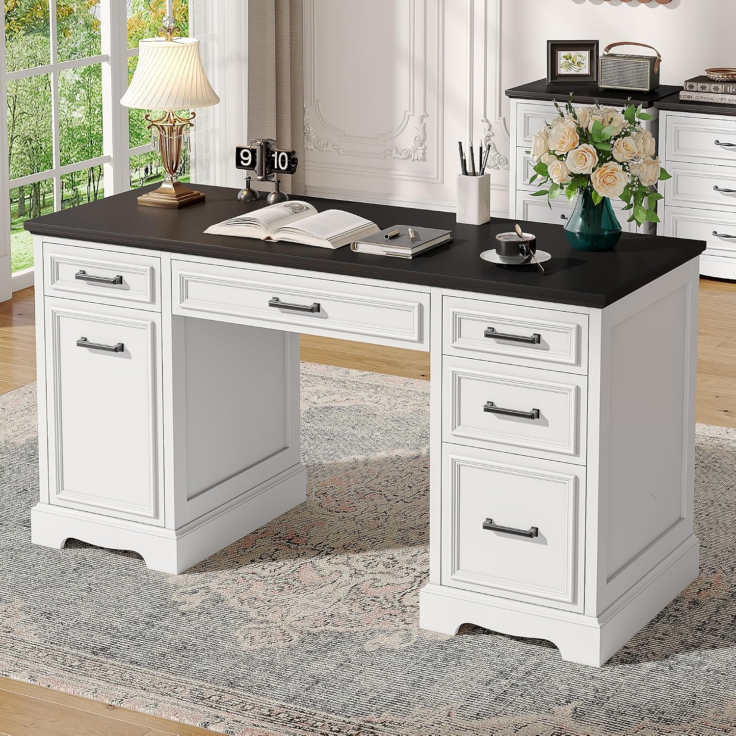 White Farmhouse Executive Desk with Drawers, 55.1" Wood Home Office Desk with Storage Cabinet, Morden Solid Computer Writing Desk for Study Work Table for Home Office Bedroom (White)