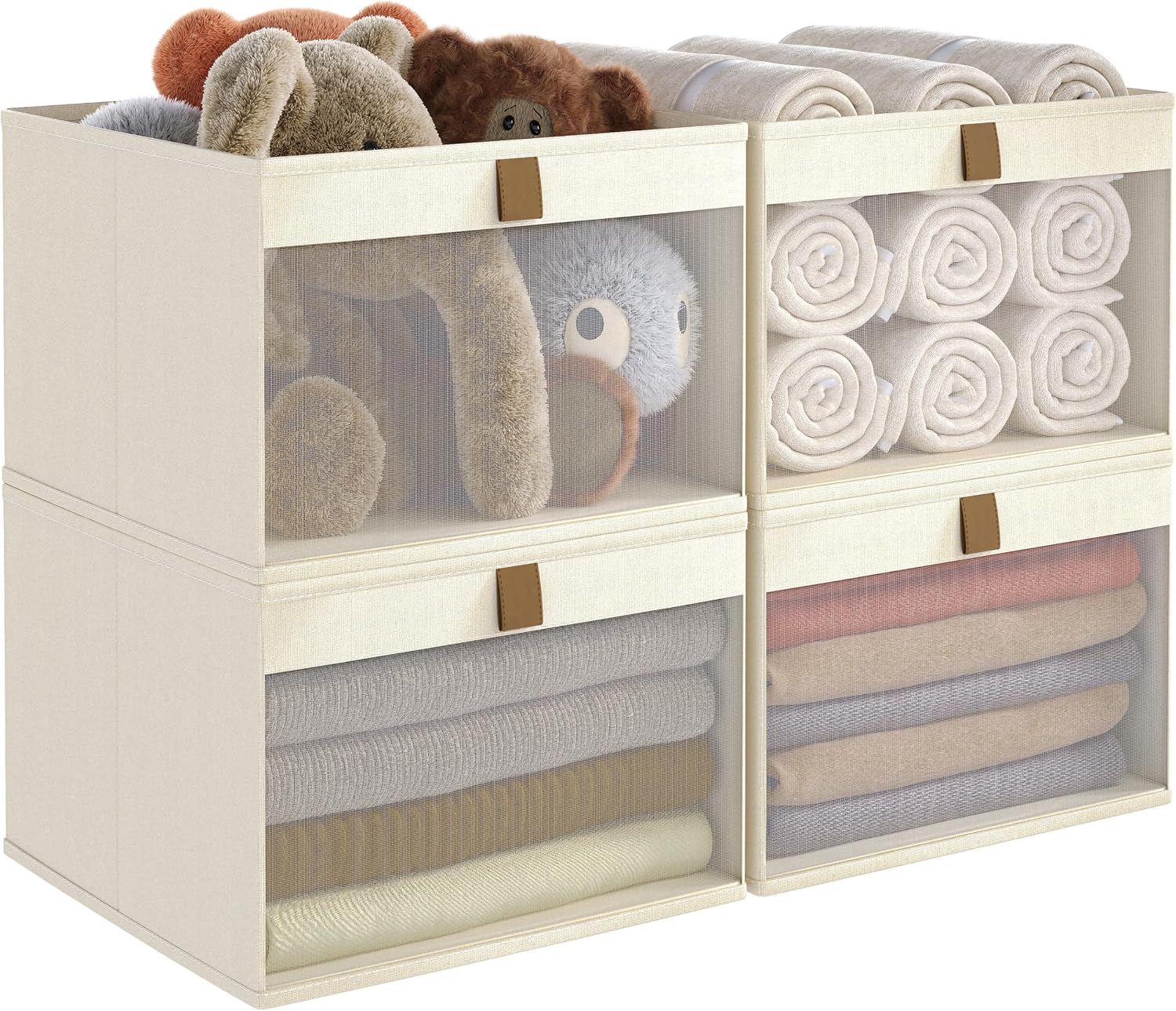 Linen Storage Bins with Transparent Windows – Foldable Fabric Organizers for Wardrobe, Towels, and Toys (4-Piece Set)