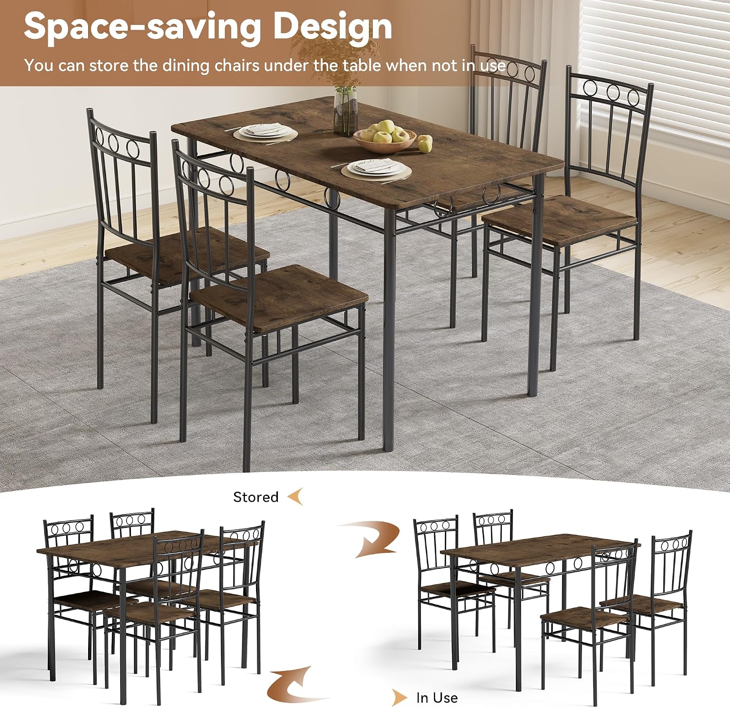 Dining Table Set for 4, 5-Piece Kitchen Table and Chairs, Rectangular Dining Room Table Set with 4 Chairs, Space-Saving Kitchen Table Set for Small Space,Dinette,Apartment,Retro Brown - Image 6