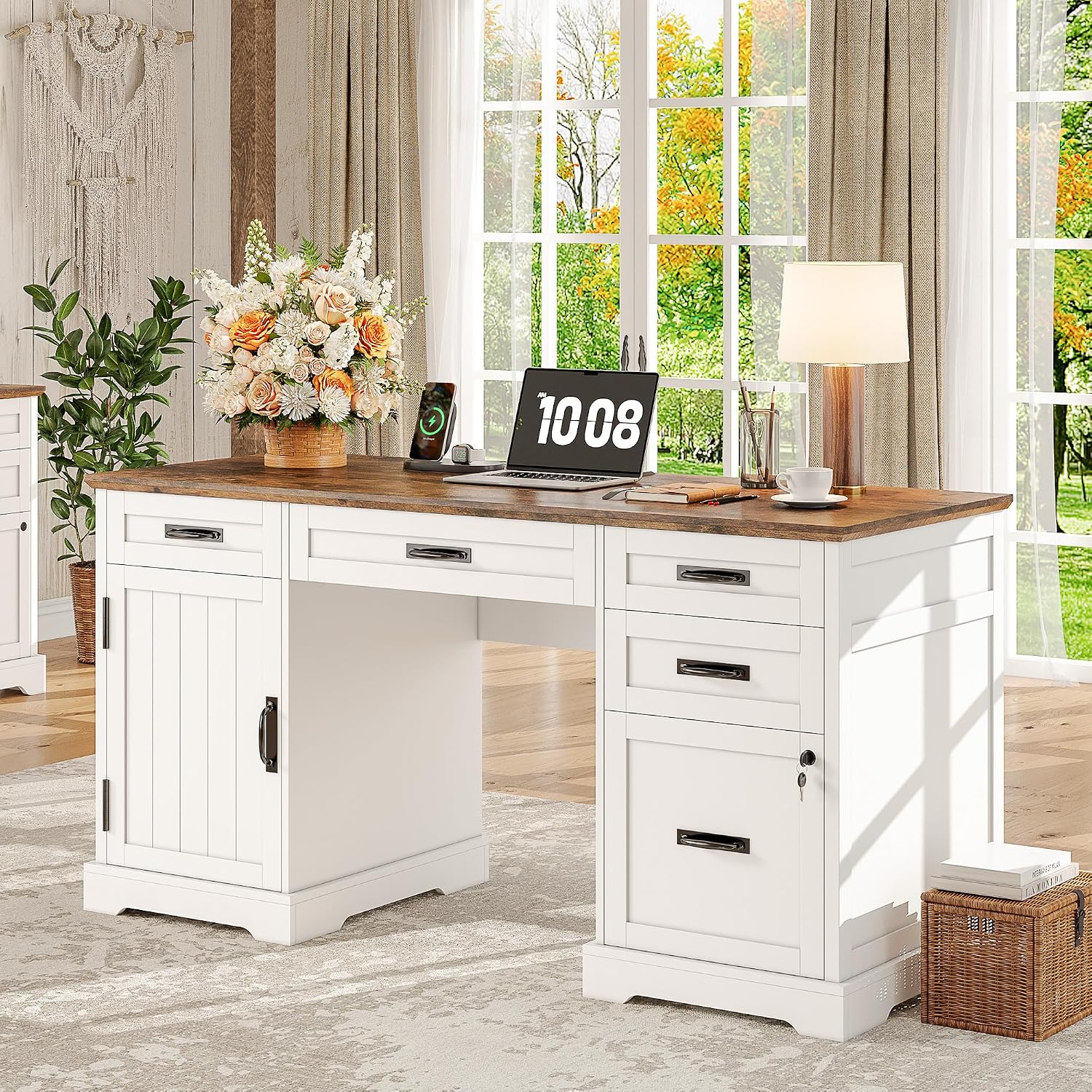 55'' Farmhouse Desk Home Office with Drawers, Executive Computer Desk Wooden with File Cabinet and Charging Station, White