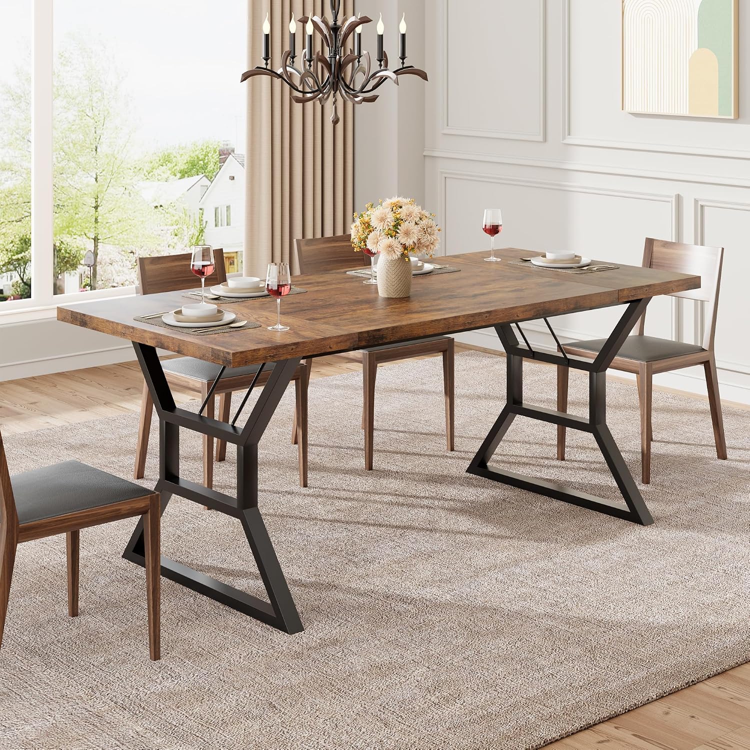 70.9" Large Dining Room Table for 6, Rectangular Kitchen Table with Heavy Duty Metal Legs, Farmhouse Wooden Dining Table for Big Family (Brown)