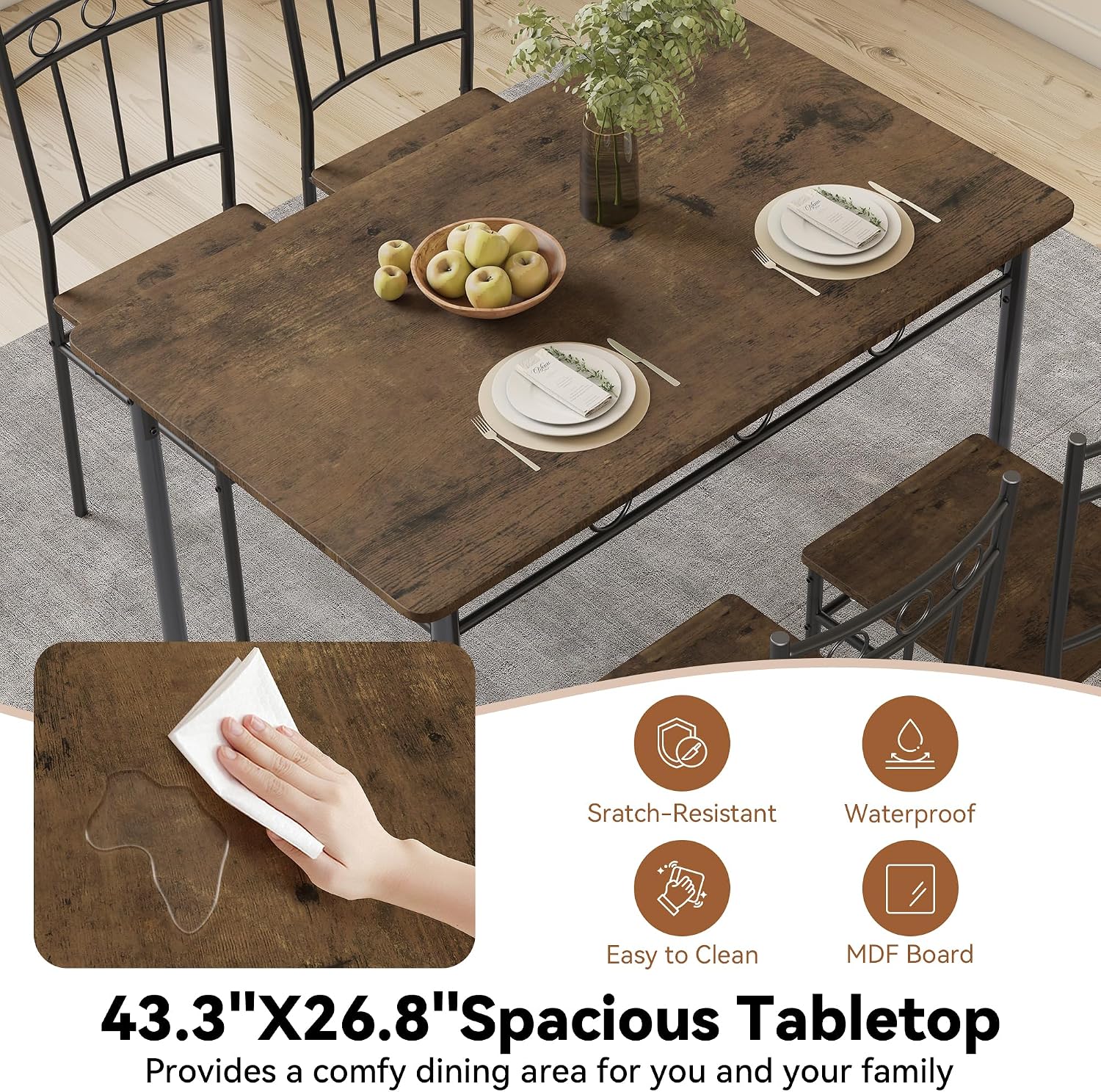 Dining Table Set for 4, 5-Piece Kitchen Table and Chairs, Rectangular Dining Room Table Set with 4 Chairs, Space-Saving Kitchen Table Set for Small Space,Dinette,Apartment,Retro Brown - Image 3
