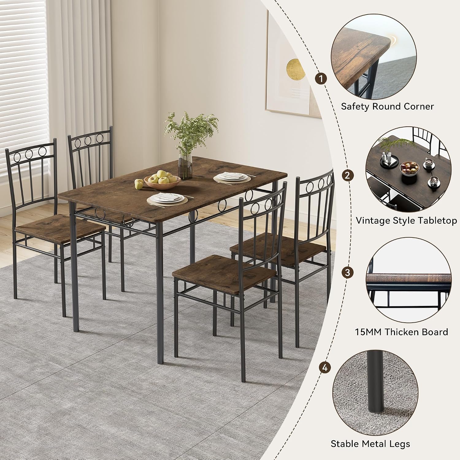 Dining Table Set for 4, 5-Piece Kitchen Table and Chairs, Rectangular Dining Room Table Set with 4 Chairs, Space-Saving Kitchen Table Set for Small Space,Dinette,Apartment,Retro Brown - Image 4